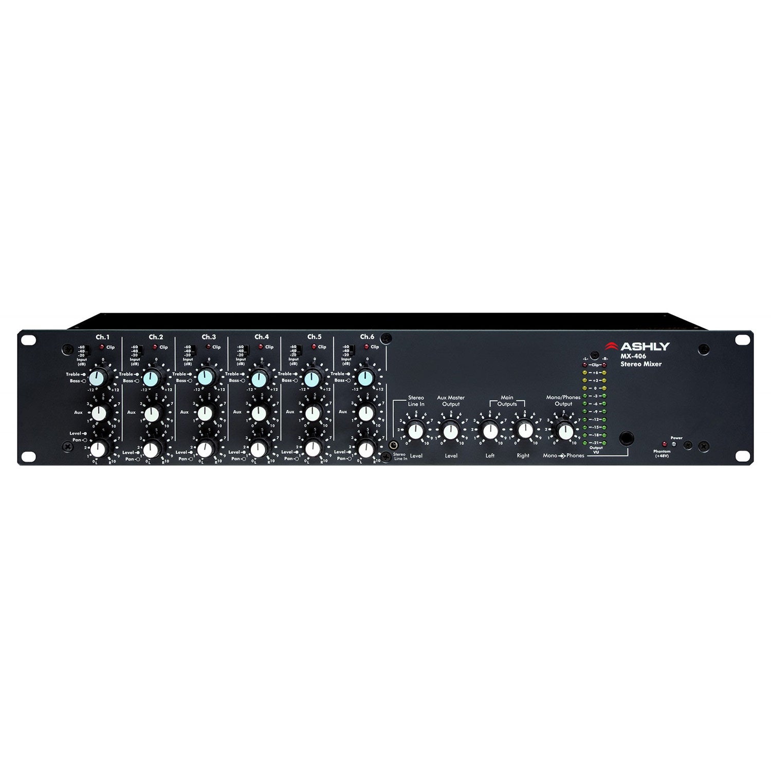 Ashly MX-406 Six Channel Stereo Line and Microphone Mixer with Pad and Phantom Power - Rackmount