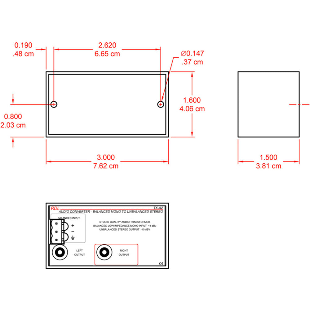 RDL TX-A2 Audio Converter - Balanced to Unbalanced - Terminals, dual-RCA