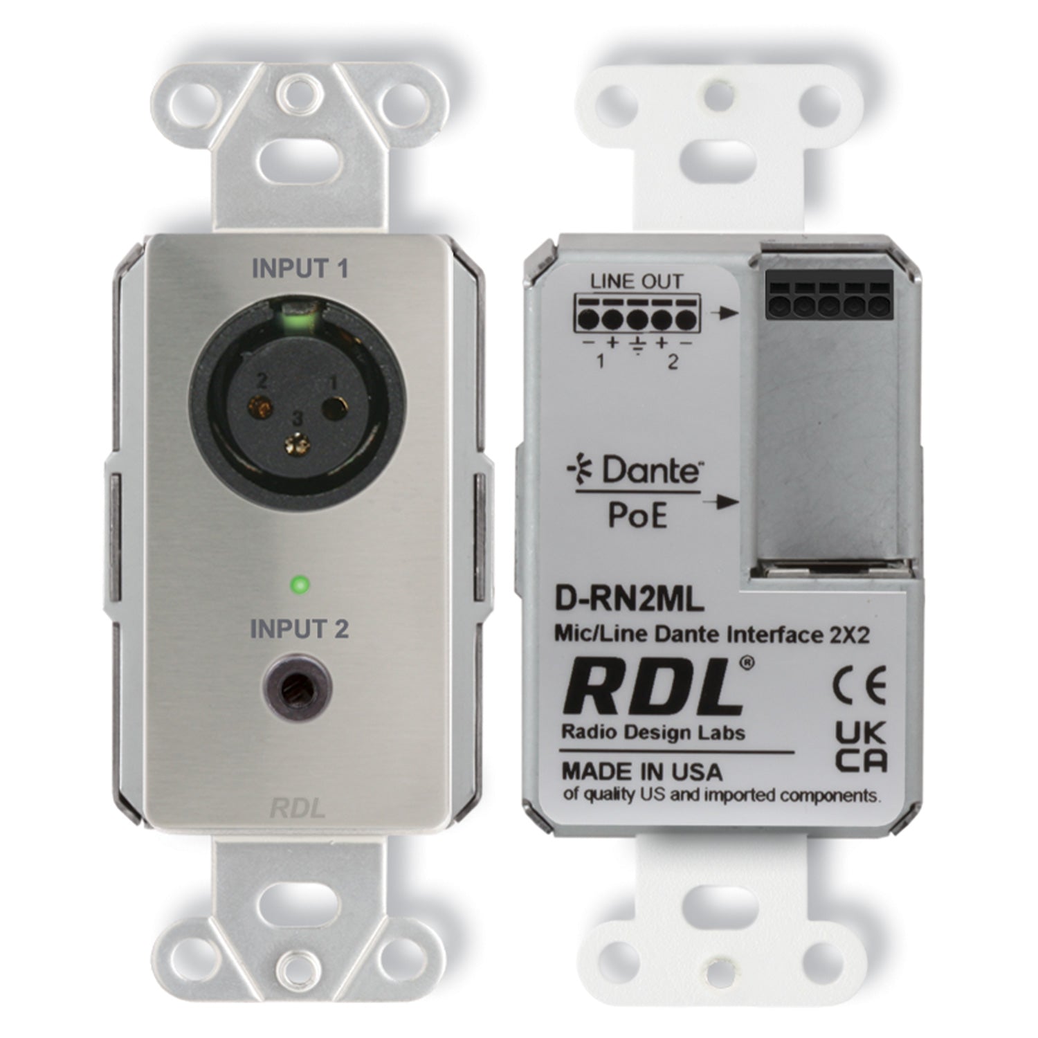 RDL DS-RN2ML - 2x2 Wall-Mount Bi-Directional Mic/Line Dante Interface (Stainless)