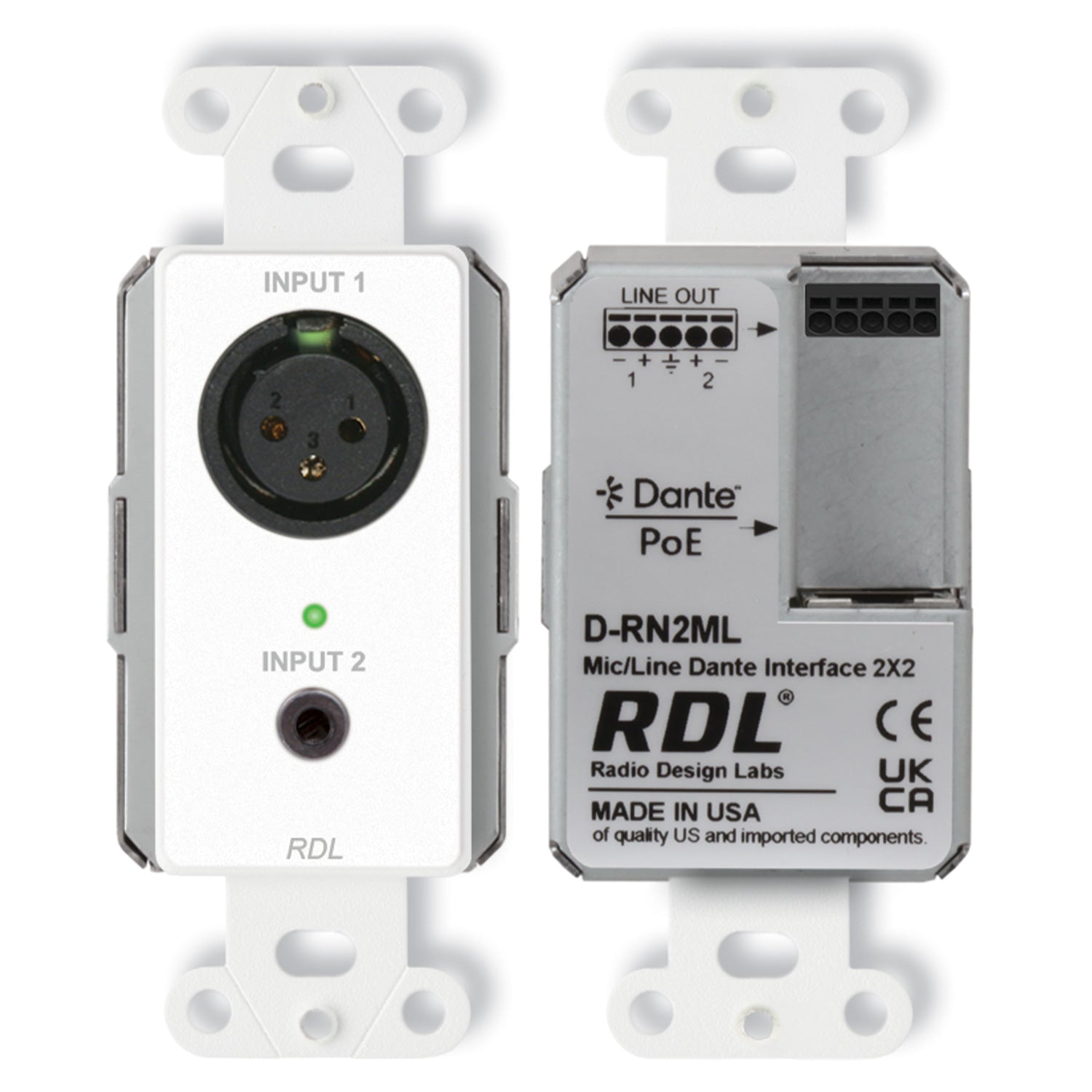 RDL D-RN2ML - 2x2 Wall-Mount Bi-Directional Mic/Line Dante Interface (White)