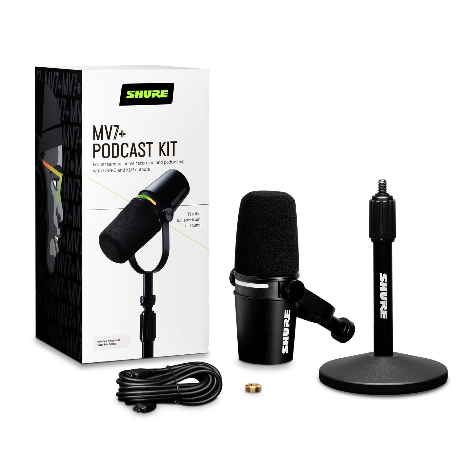 Shure MV7 Plus Bundle - Podcasting and Broadcast Microphone with Stand (Black)