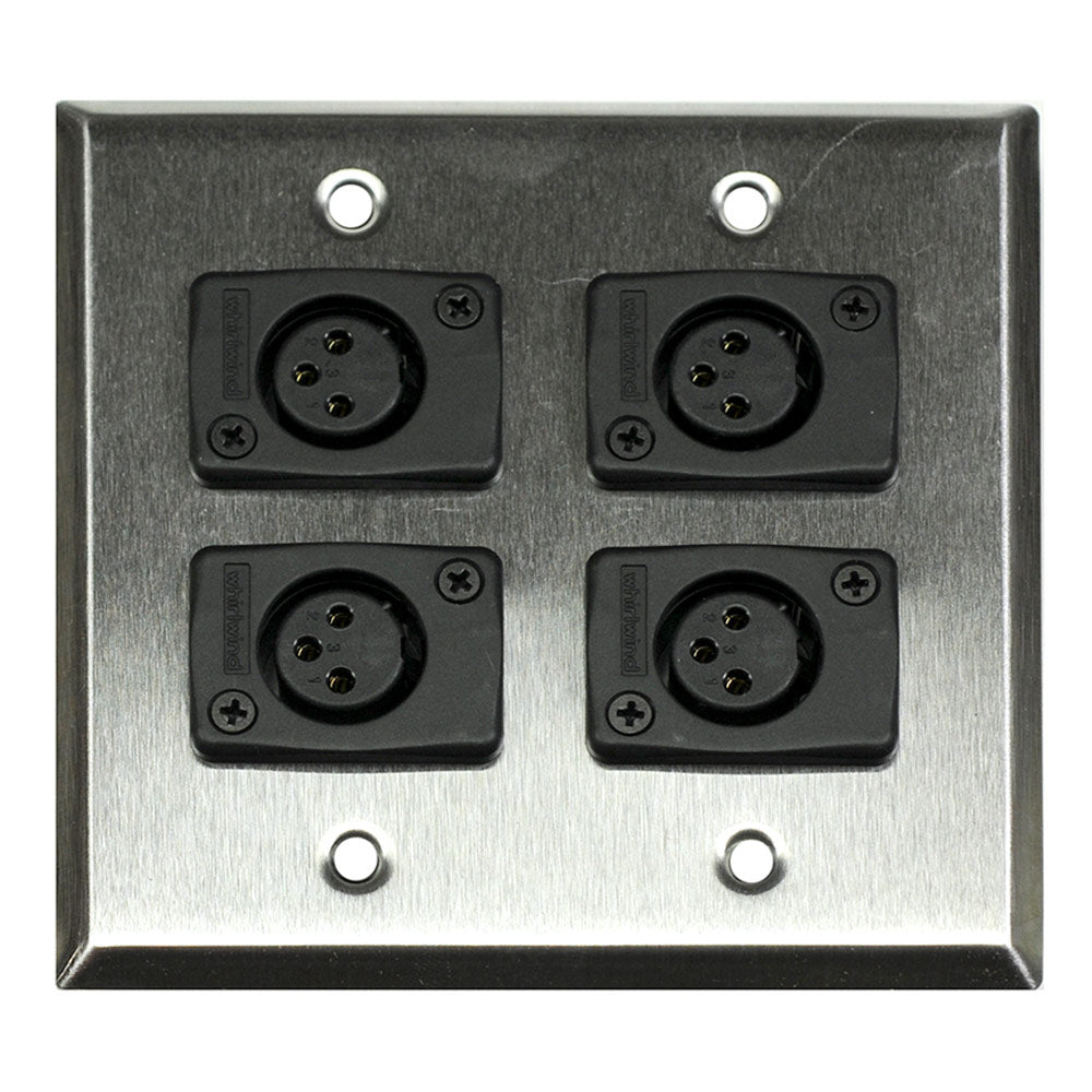 Whirlwind WP2/4FW 2-Gang Stainless Steel Wall Plate with 4 XC3F Female XLRs