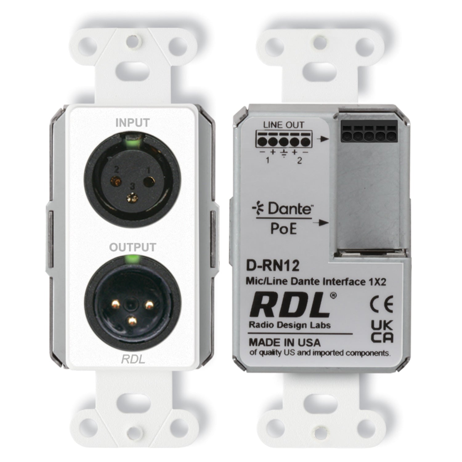 RDL D-RN12 - 1x2 Wall-Mount Bi-Directional Mic/Line Dante Interface (White) - Custom Engraving