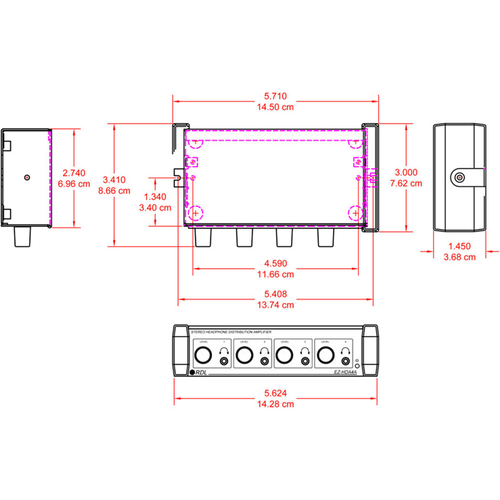 RDL EZ-HDA4A Stereo Headphone Distribution Amp - 1X4 Front-Panel Outputs