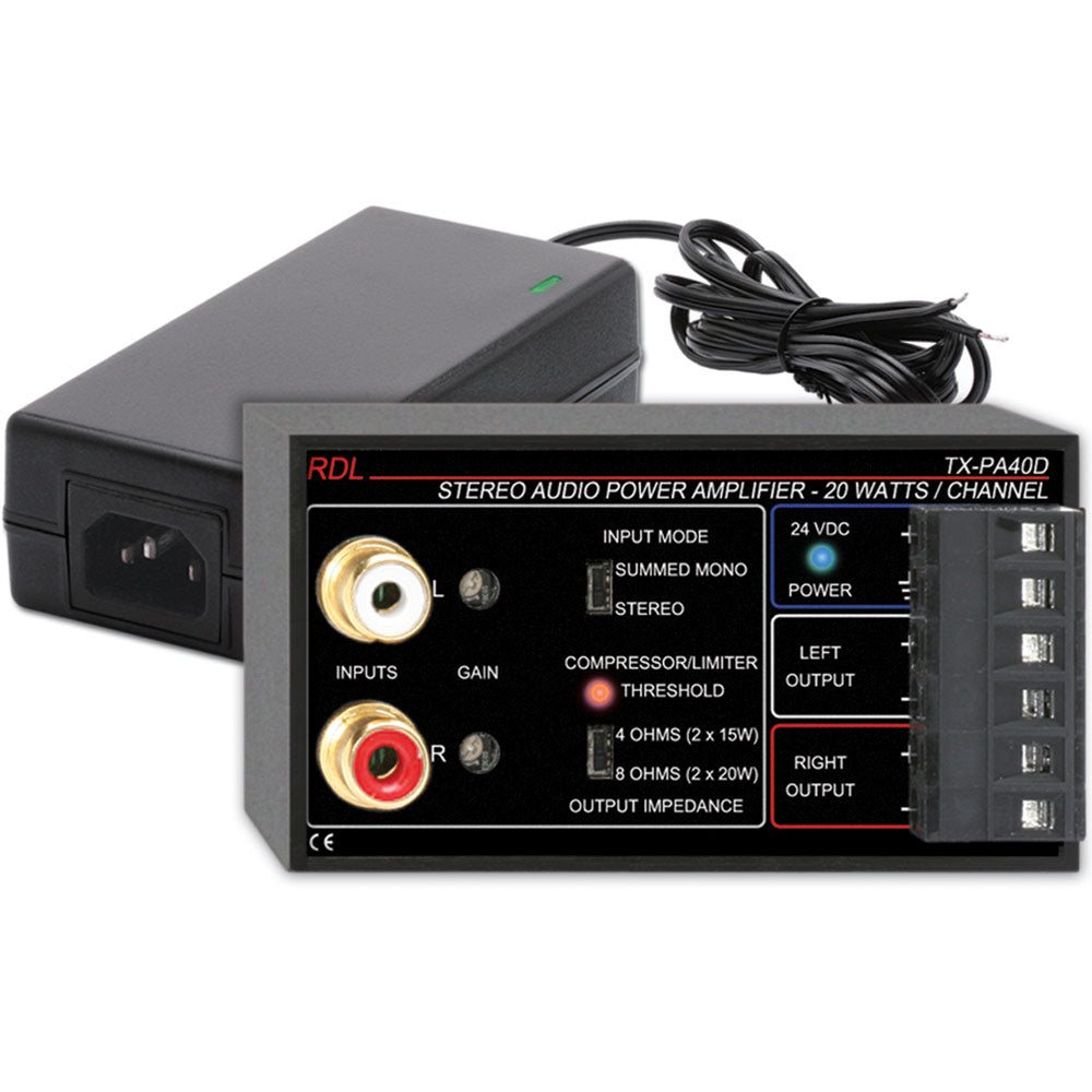 RDL TX-PA40DE 40 W Stereo Audio Power Amplifier with Power Supply - No Power Cord