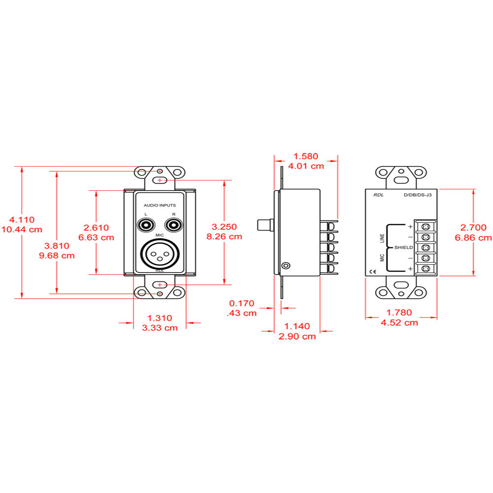 RDL DB-J3 XLR Mic/RCA Line Input Assembly in Decora Wall Plate - Custom Engraving Option