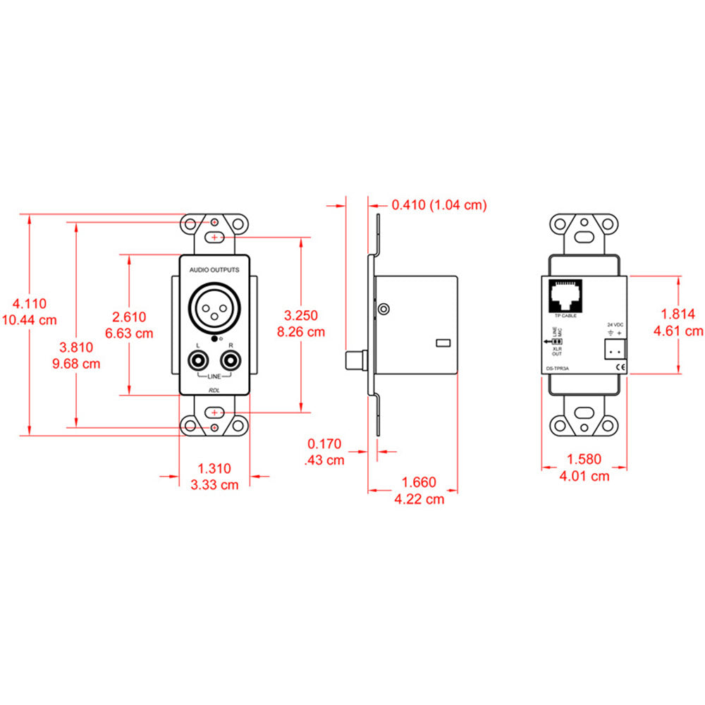 RDL DS-TPR3A Active 3-Pair Receiver, Format-A, Stainless, XLR/stereo RCA out - Custom Engrave Opt.