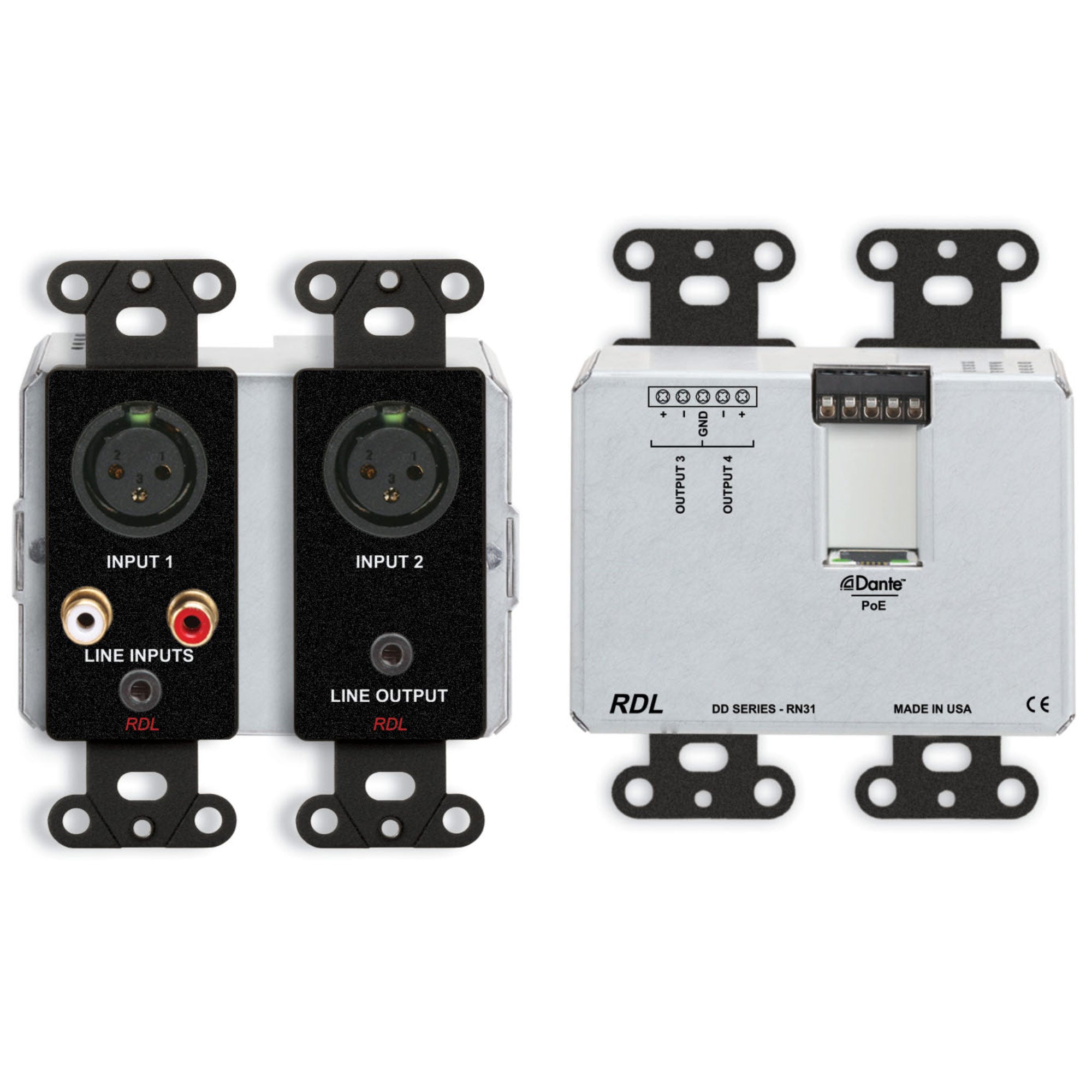 RDL DDB-RN31 Wall-Mounted Bi-Directional Mic/Line Dante Interface 4 x 4