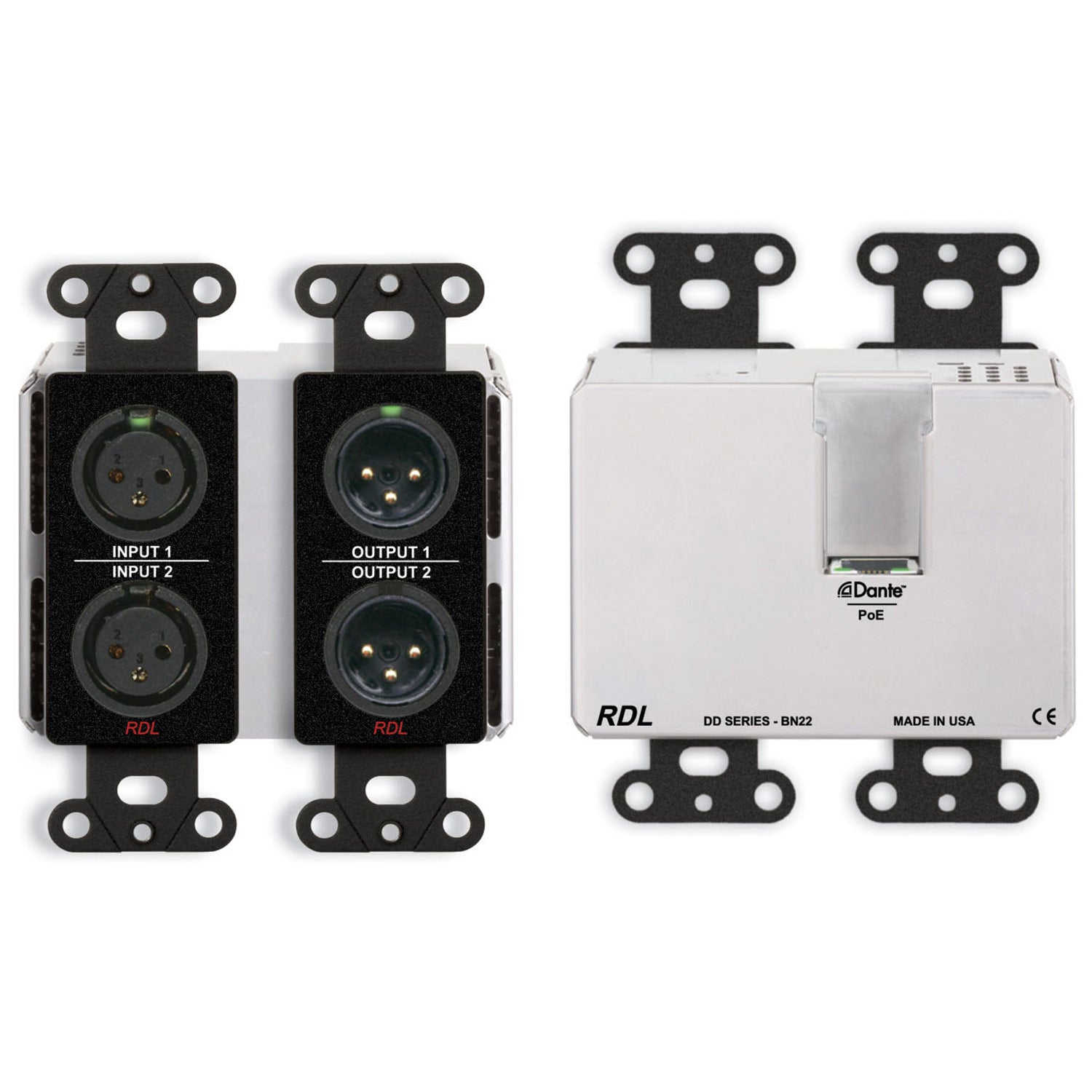 RDL DDB-BN22 Wall Mount 2-In 2-Out Mic/Line to Dante Interface (Black)