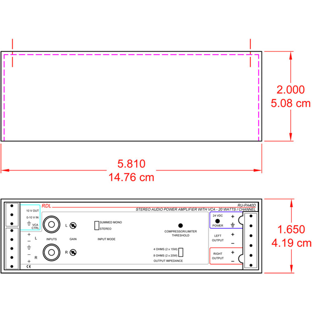RDL RU-PA40DE 40 W Stereo Audio Power Amp with VCA & Power Supply - without power cord