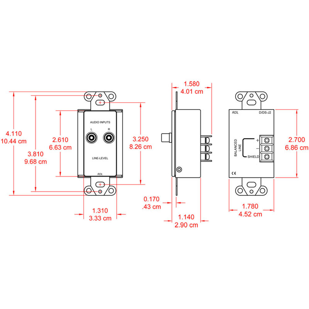 RDL DS-J2 Line Input Assembly - RCA jacks, Terminal block (Stainless) - Custom Engraving Option