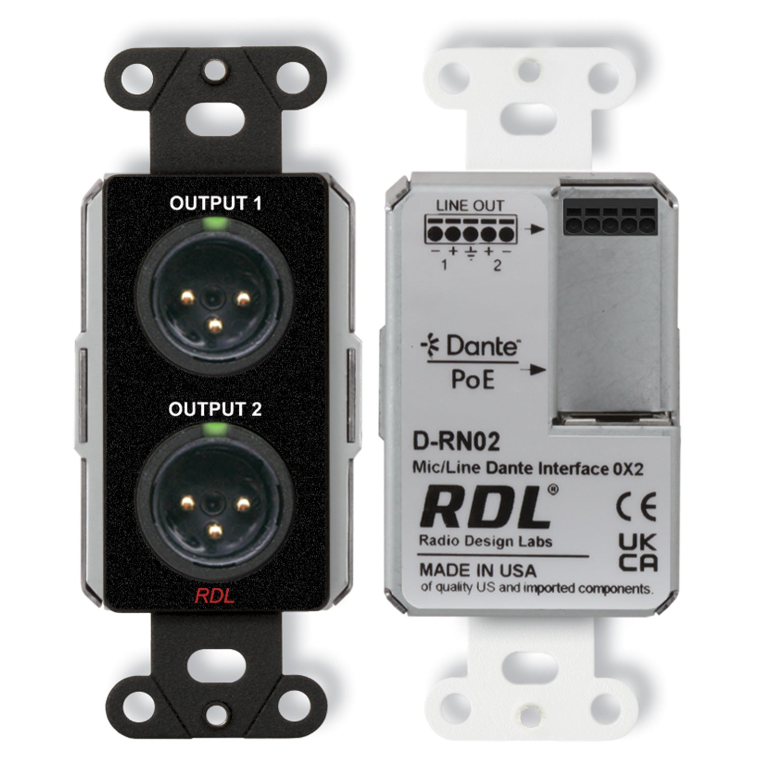RDL DB-RN02 - 0x2 Wall-Mount Mic/Line Dante Interface (Black)