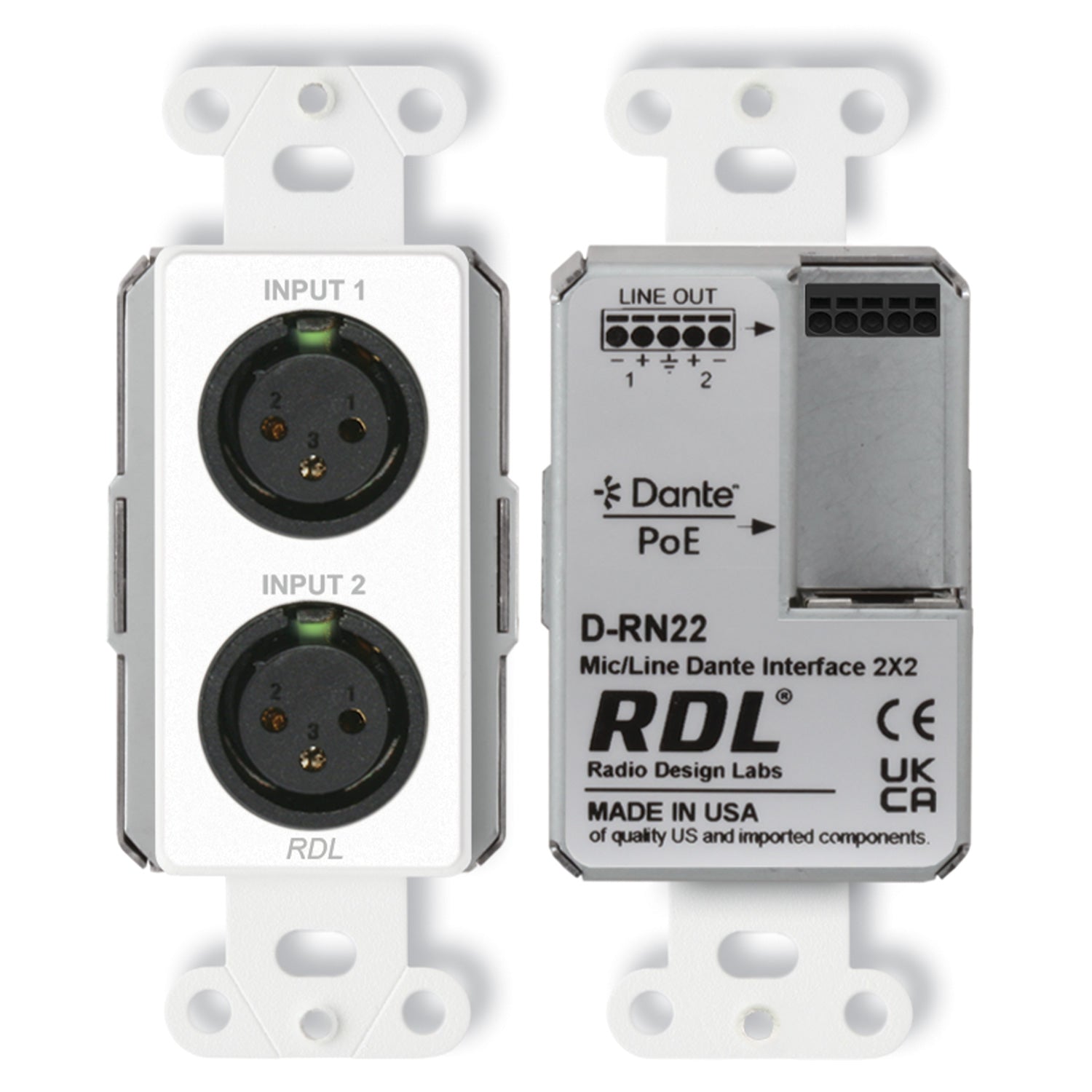 RDL D-RN22 - 2x2 Wall-Mount Bi-Directional Mic/Line Dante Interface (White) - Custom Engraving