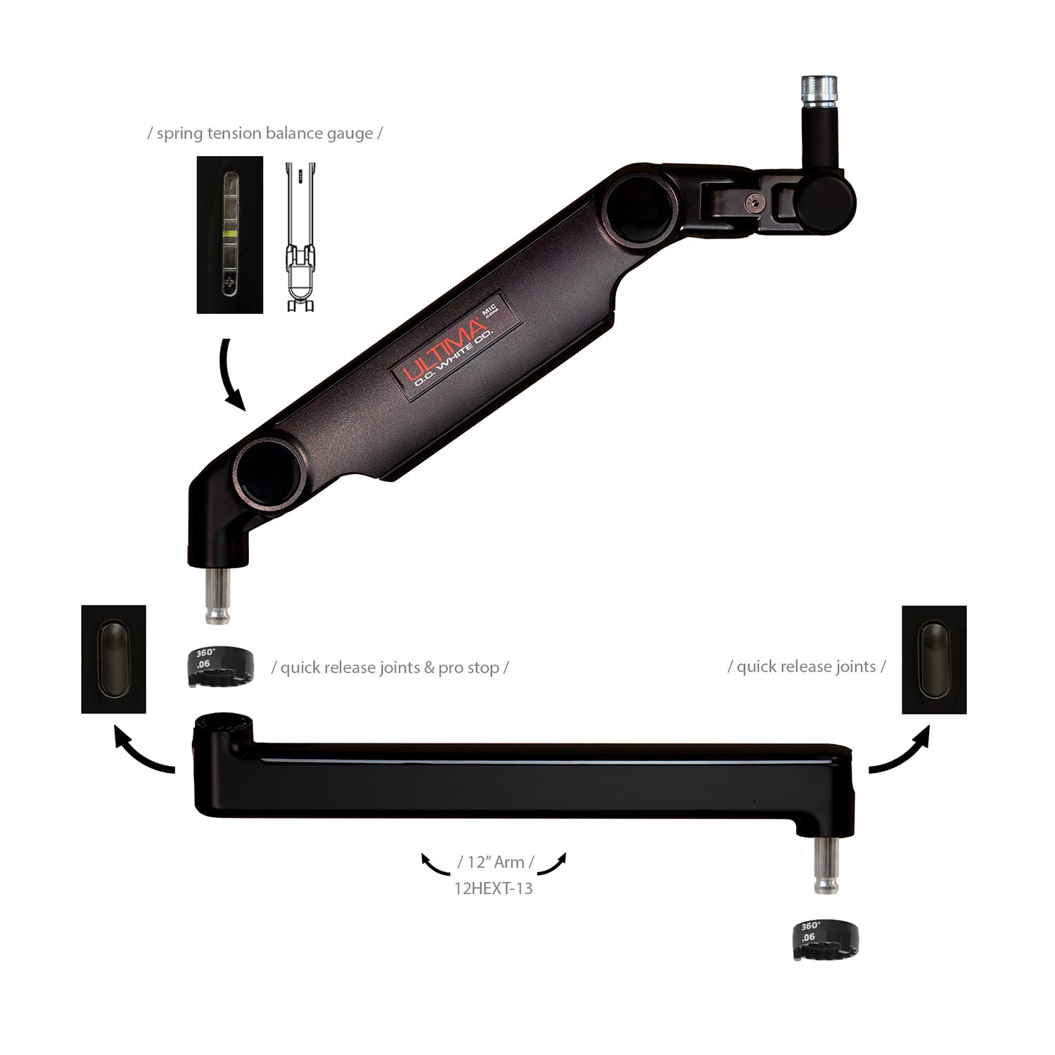 OC White ULP-13 - ProBoom Ultima Gen2 Ultima Low Profile Adjustable Mic Boom with 12" Fixed Horizontal Arm (Black)