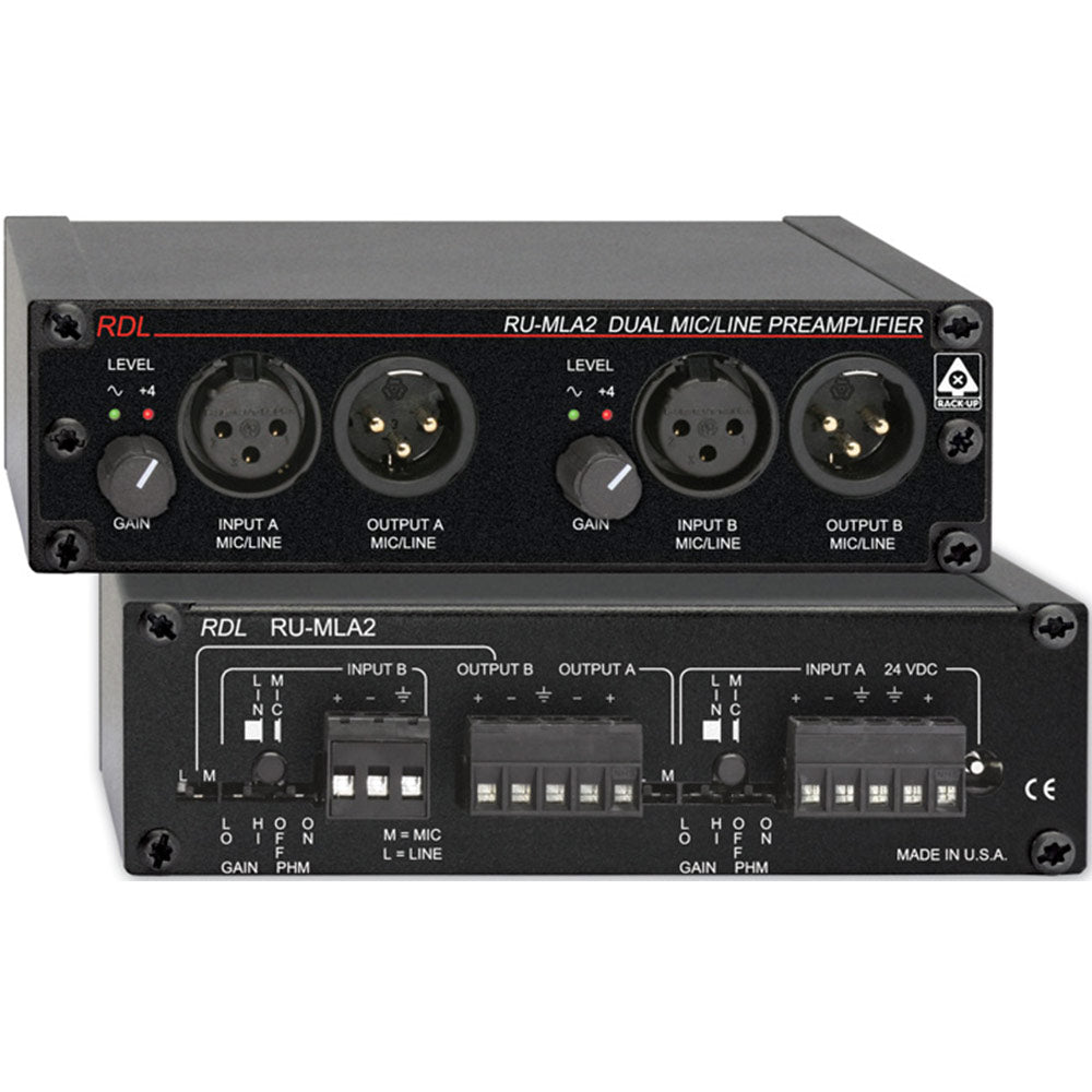 RDL RU-MLA2 Dual Channel Microphone/Line Preamplifier with Four Channel Audio Distribution
