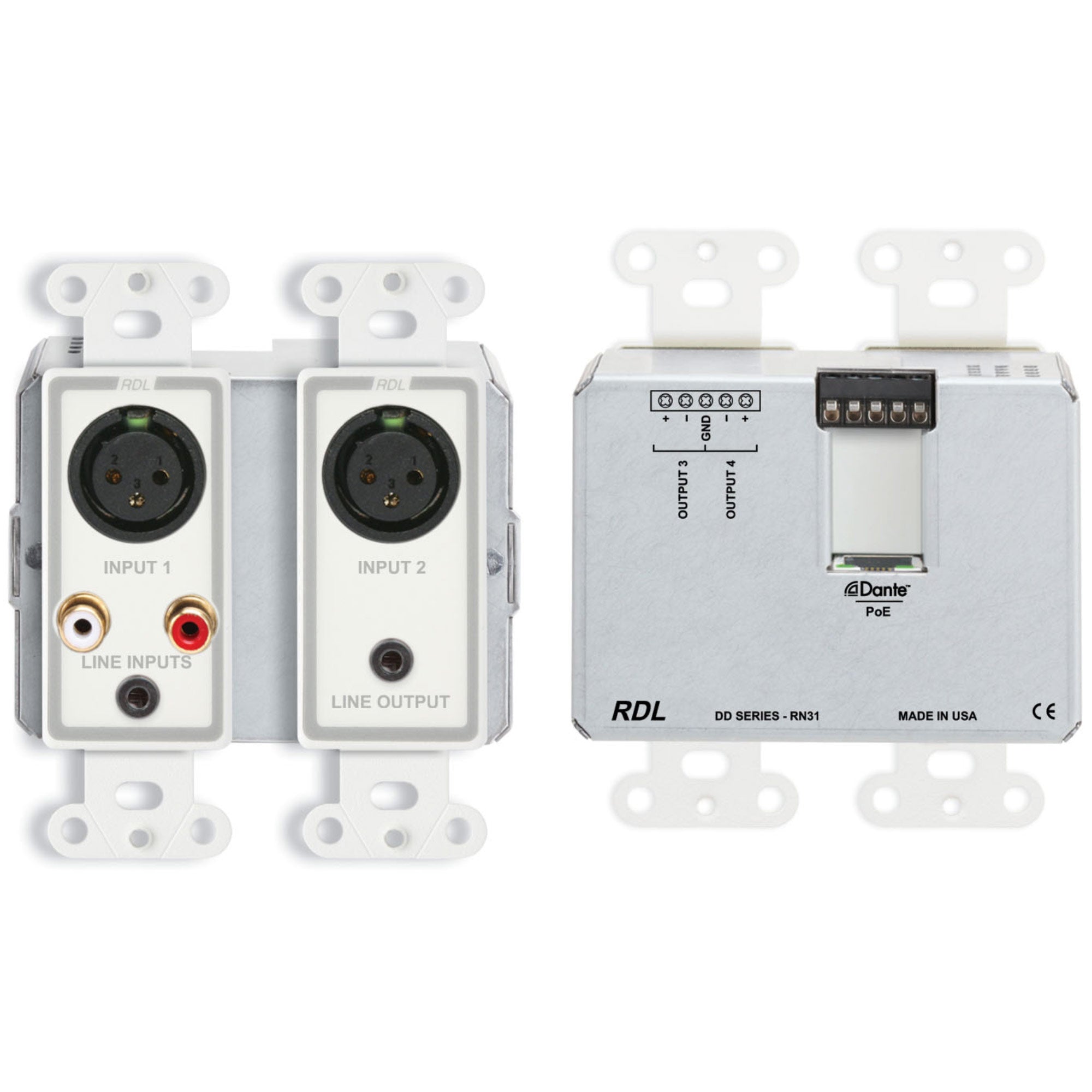 RDL DD-RN31 Wall-Mounted Bi-Directional Mic/Line Dante Interface 4 x 4