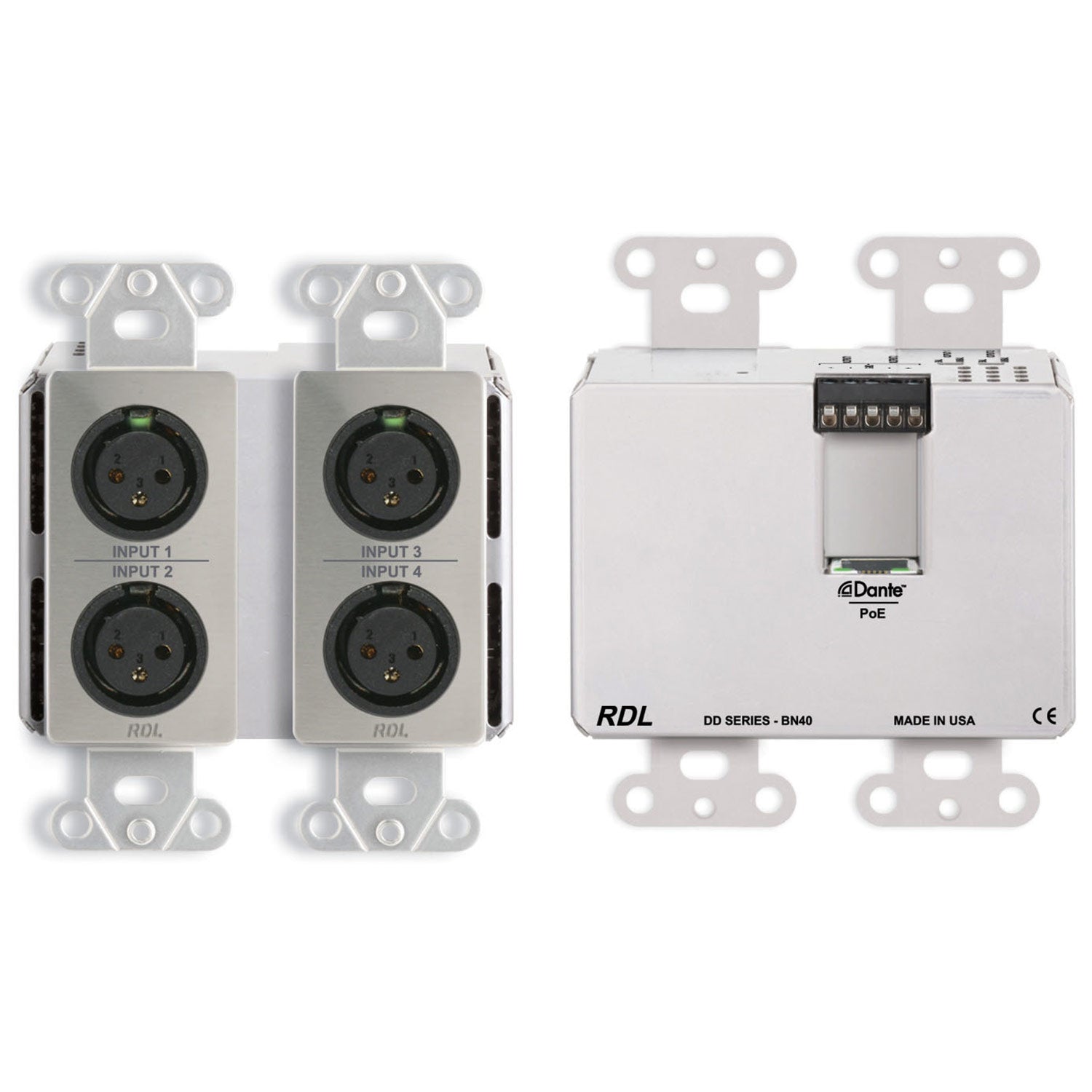 RDL DDS-BN40 Wall Mount 4-In 4-Out Mic/Line to Dante Interface (Silver) - Custom Engraving Option