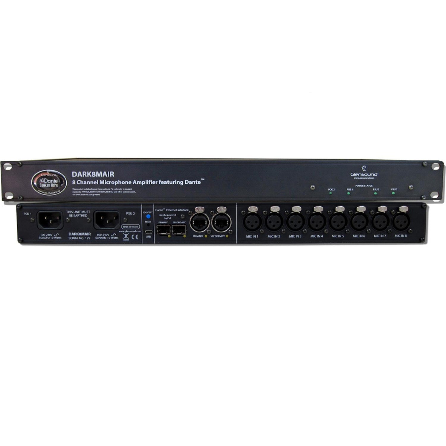 Glensound DARK8MAIR - 8 Channel Dante/ AES67 Microphone Amplifier