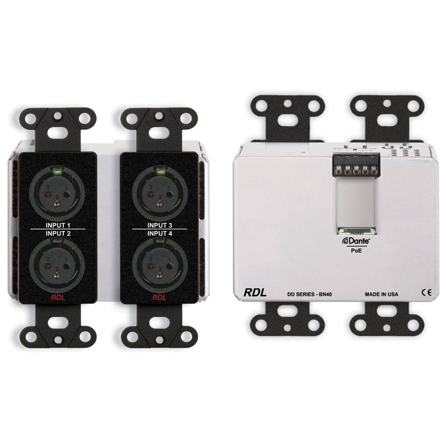 RDL DDB-BN40 Wall Mount 4-In 4-Out Mic/Line to Dante Interface (Black)