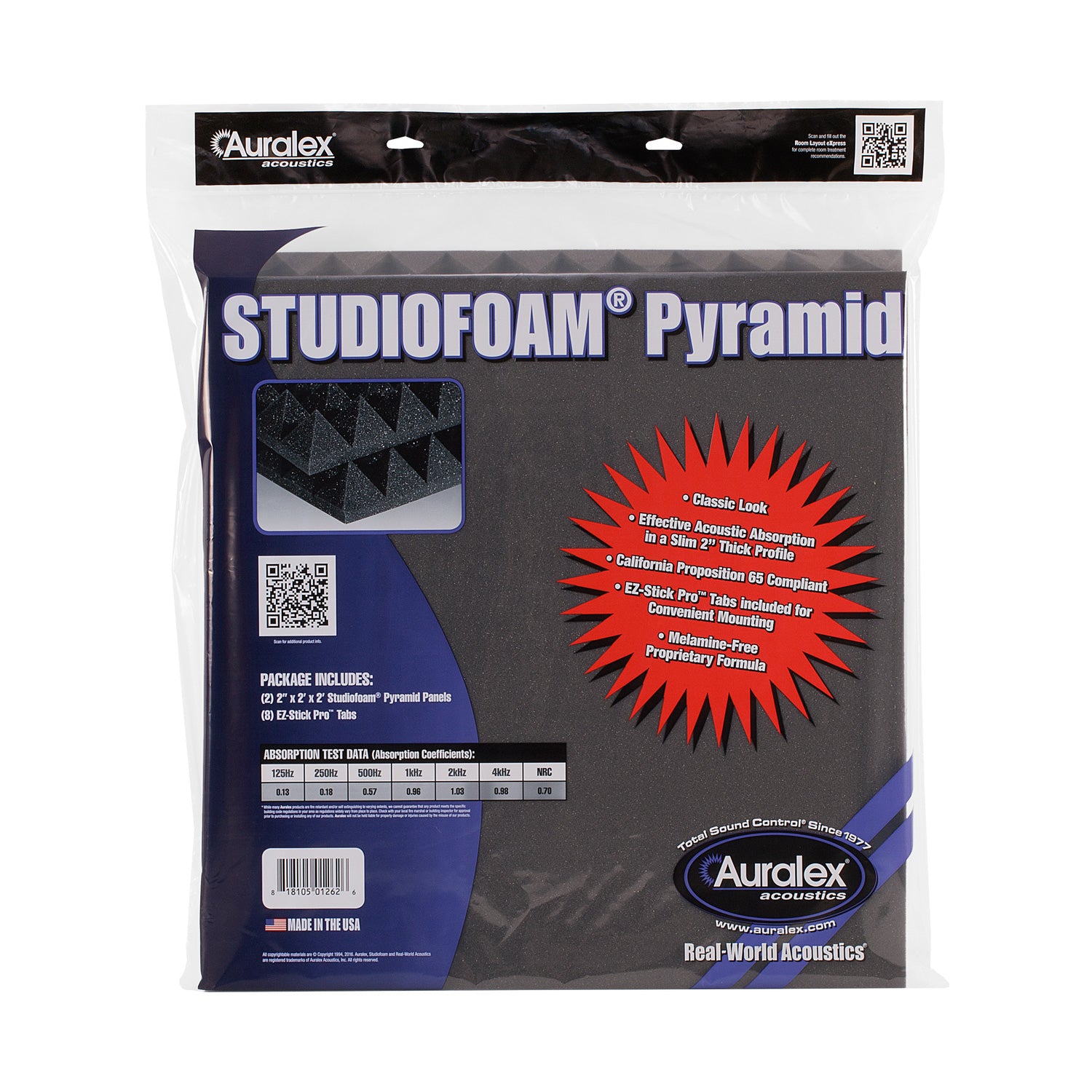 Auralex 2" Studiofoam Pyramid - 2x2 Foot Absorption Panel (Charcoal / 2 Pack)