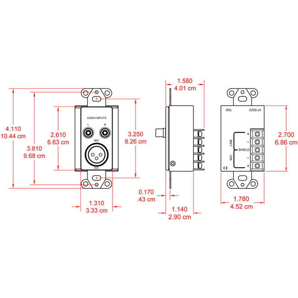 RDL DS-J3 Mic/Line Input Assembly - XLR, RCA, Terminal block - Stainless
