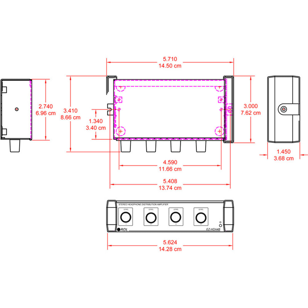 RDL EZ-HDA4B Stereo Headphone Distribution Amp - 1X4 Rear-Panel Outputs