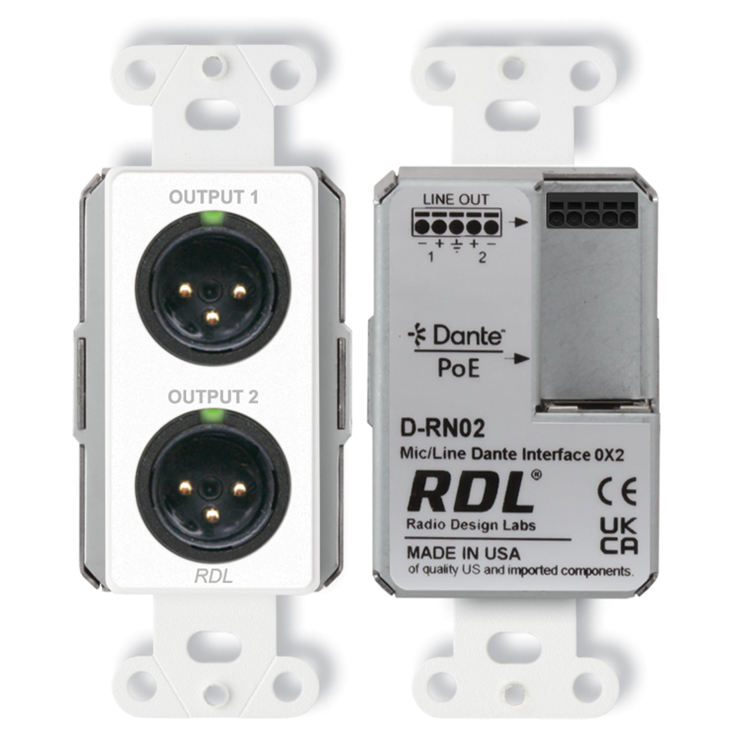 RDL D-RN02 - 0x2 Wall-Mount Mic/Line Dante Interface (White)