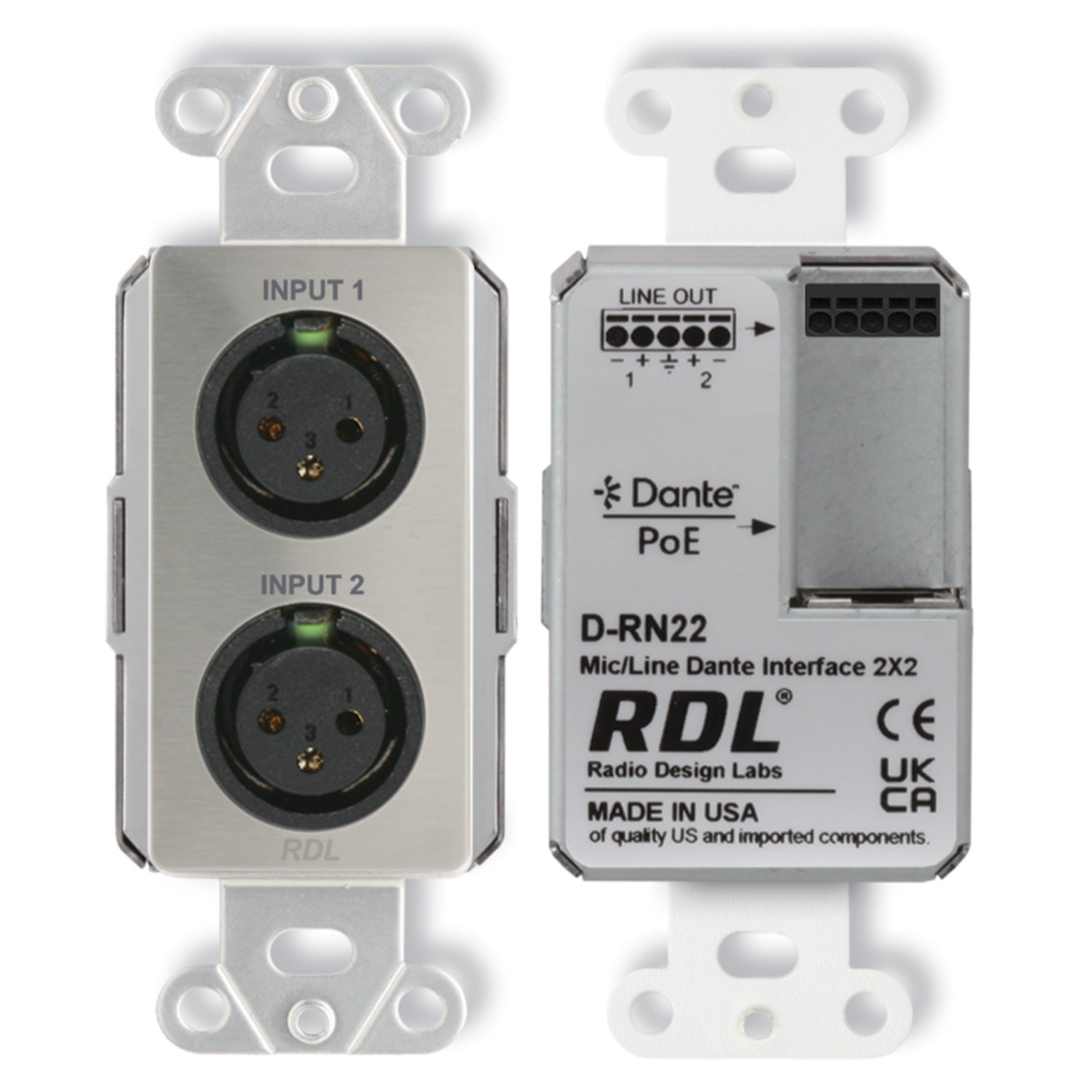 RDL DS-RN22 -  2x2 Wall-Mount Bi-Directional Mic/Line Dante Interface (Stainless) - Custom Engraving