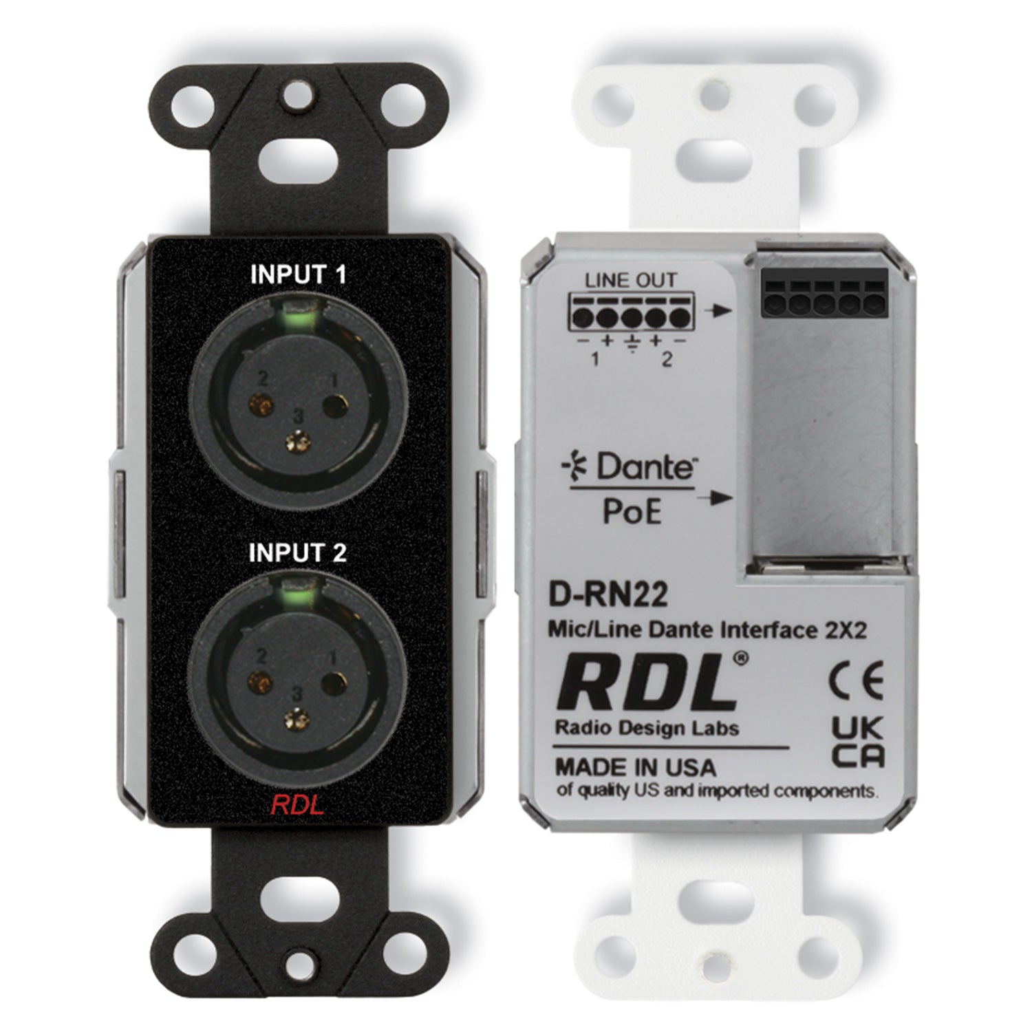 RDL DB-RN22 -  2x2 Wall-Mount Bi-Directional Mic/Line Dante Interface (Black)