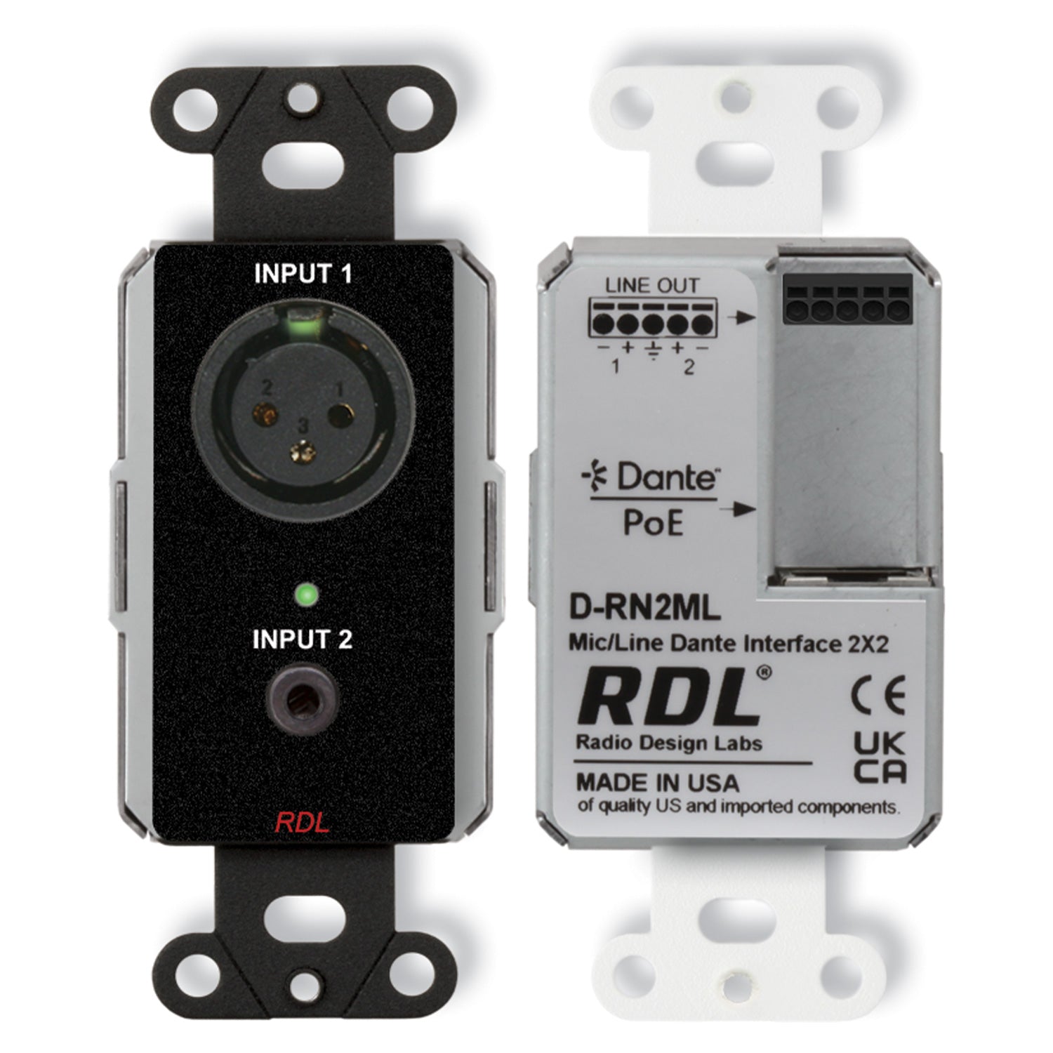 RDL DB-RN2ML - 2x2 Wall-Mount Bi-Directional Mic/Line Dante Interface (Black) - Custom Engraving