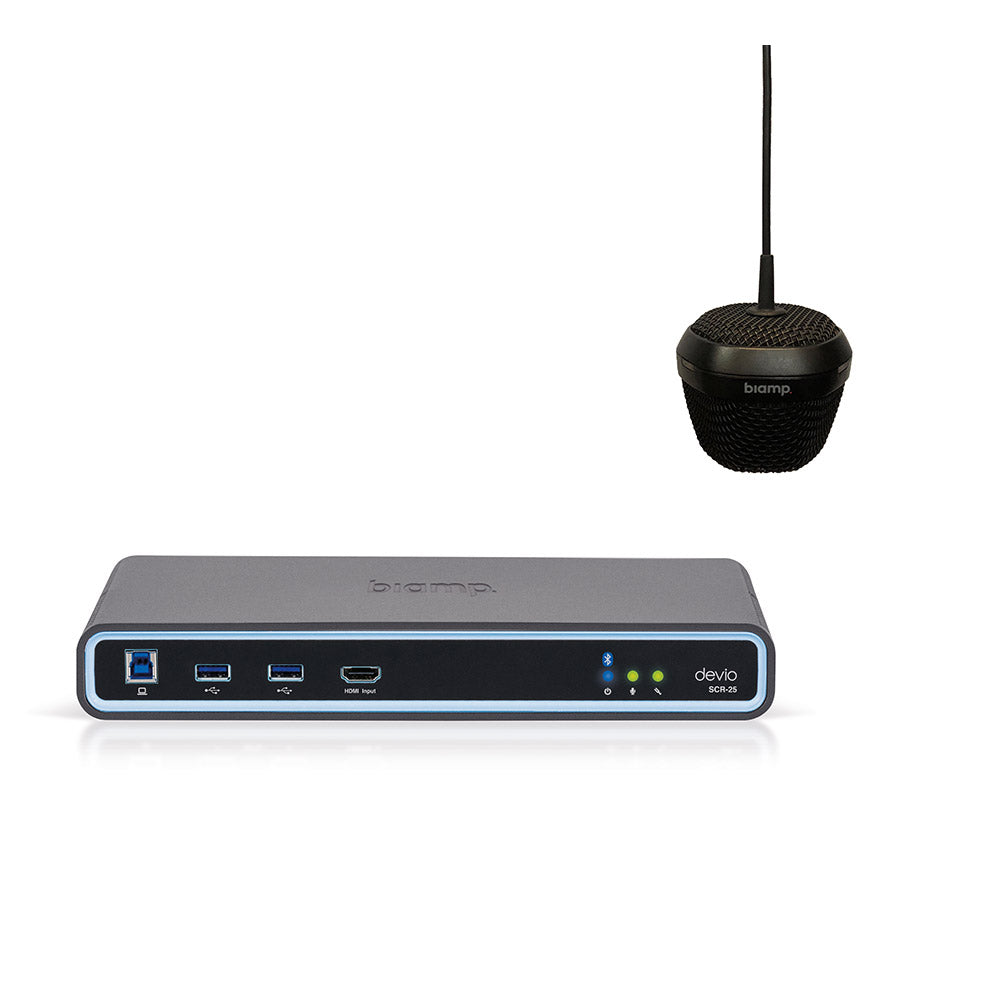 Biamp Devio Conference / Huddle Room Solution with SCR-25 Hub and DCM-1 Black Hanging Microphone