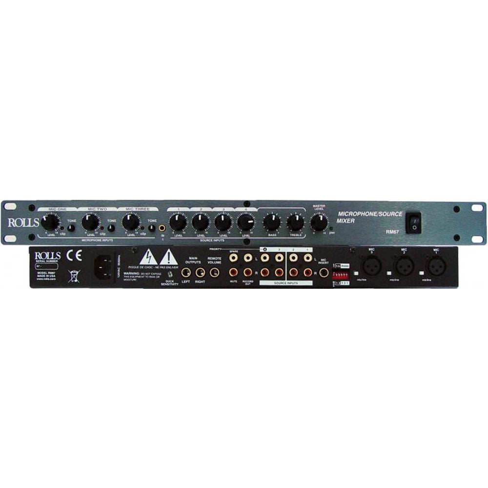 Rolls RM67 Single Rack Space Mic/Source Mixer for Install Applications - 3 XLR+3 Stereo Source Ins