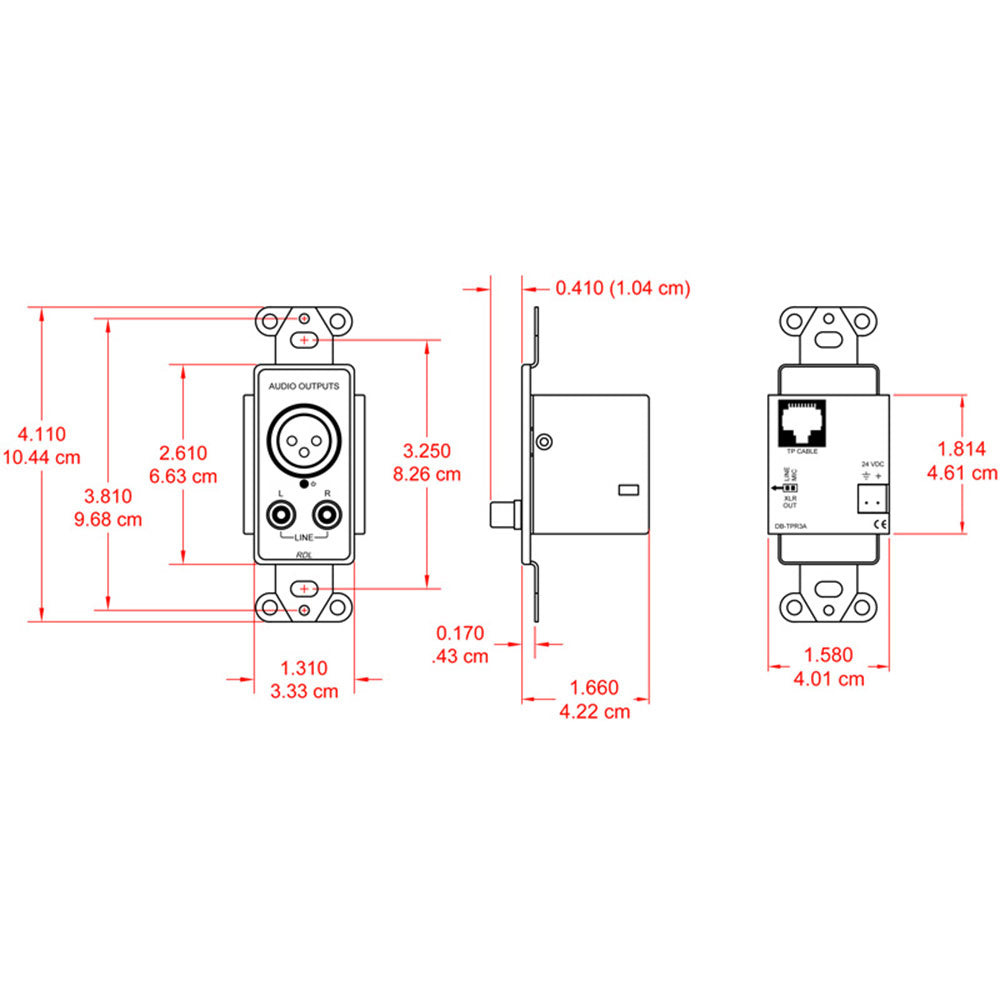 RDL DB-TPR3A Decora Mount Active Format-A Receiver - XLR/RCA Output (Blk) - Custom Engraving Option