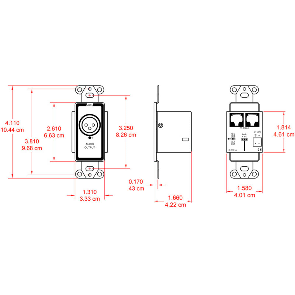 RDL D-TPR1A Active Single-Pair Receiver, Format-A, XLR mic/line output - Custom Engraving Option