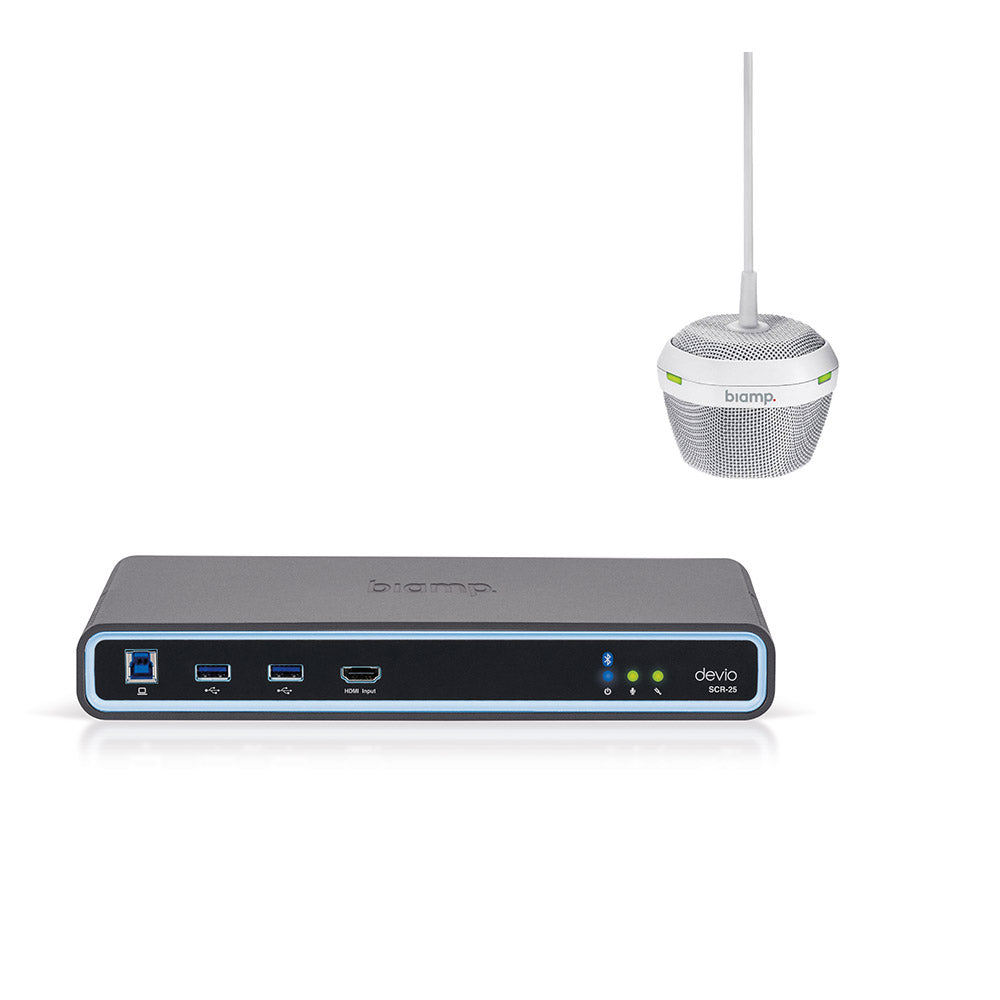 Biamp Devio Conference / Huddle Room Solution with SCR-25 Hub and DCM-1 White Hanging Microphone