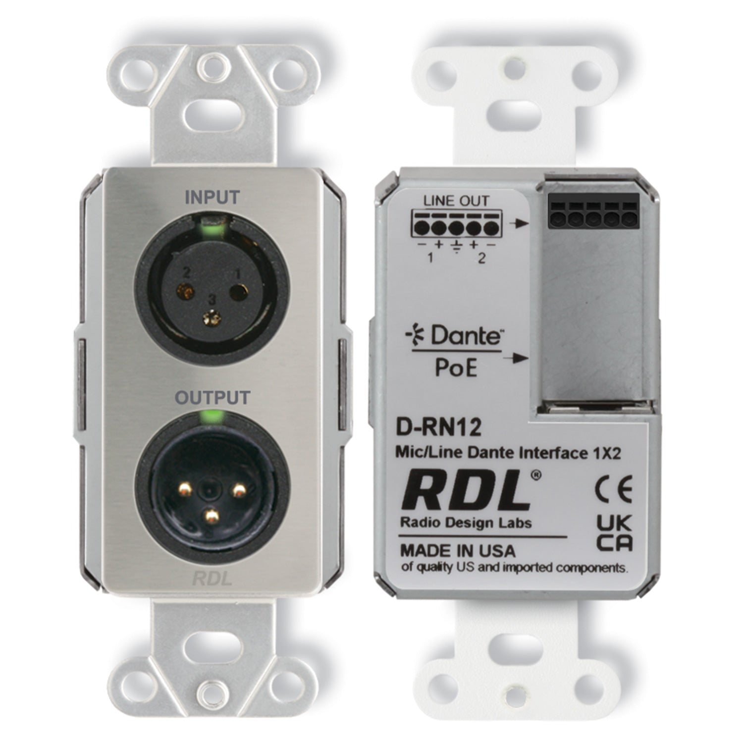 RDL DS-RN12 - 1x2 Wall-Mount Bi-Directional Mic/Line Dante Interface (Stainless)