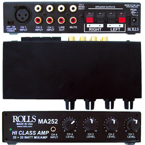 Rolls MA252 Compact Class D Stereo Mixer/Amplifier - 20 Watts/Ch - with XLR Input