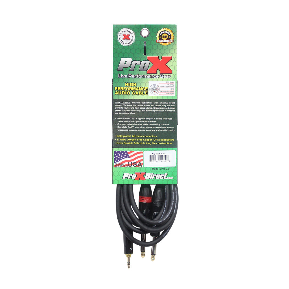 ProX XC-MYP10 10 Ft. Unbalanced 3.5mm. Mini-TRS to Dual TS-M High Performance Audio Y Cable