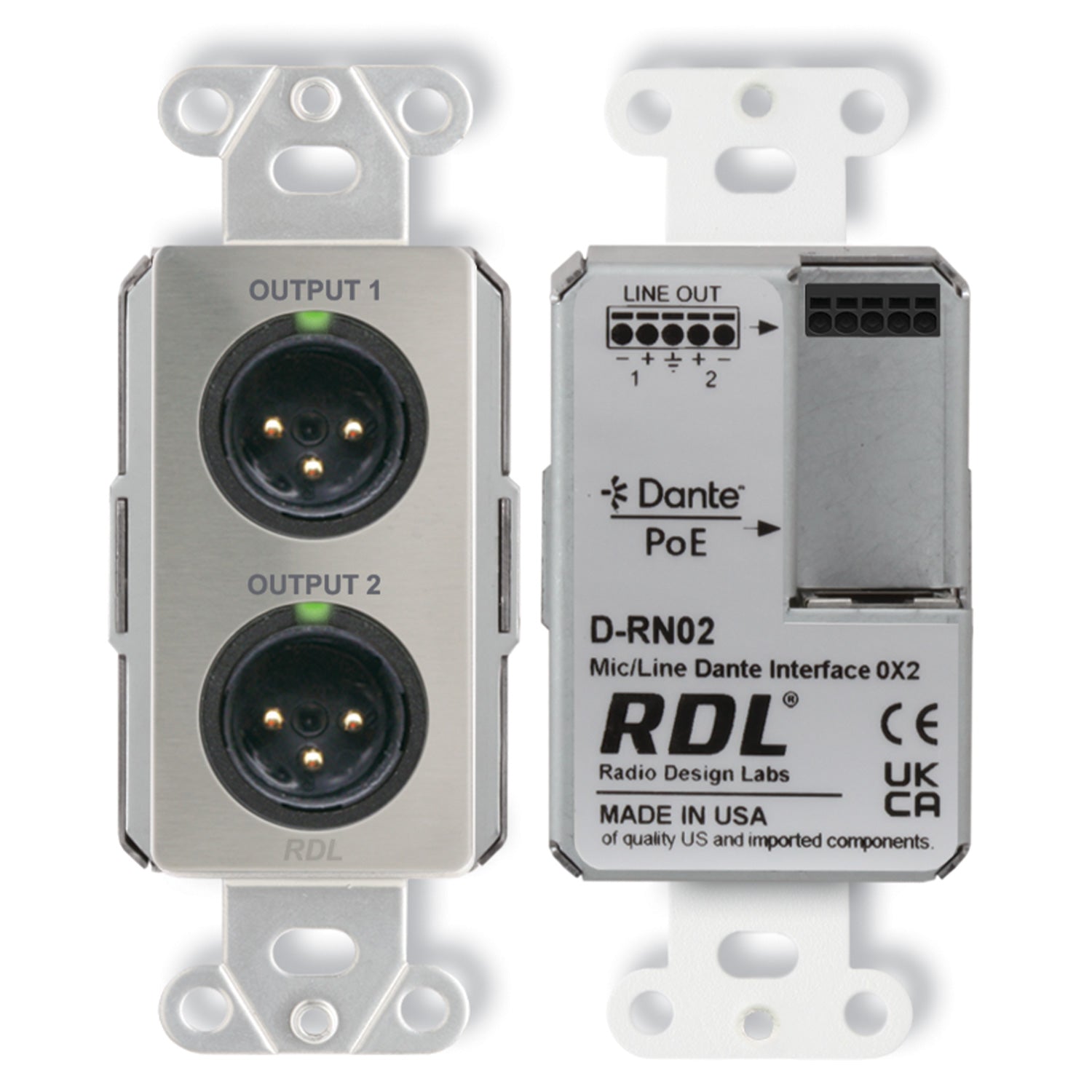 RDL D-RN02 - 0x2 Wall-Mount Mic/Line Dante Interface (White)