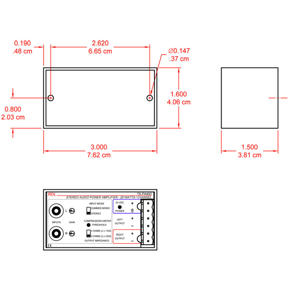 RDL TX-PA40DE 40 W Stereo Audio Power Amplifier with Power Supply - No Power Cord