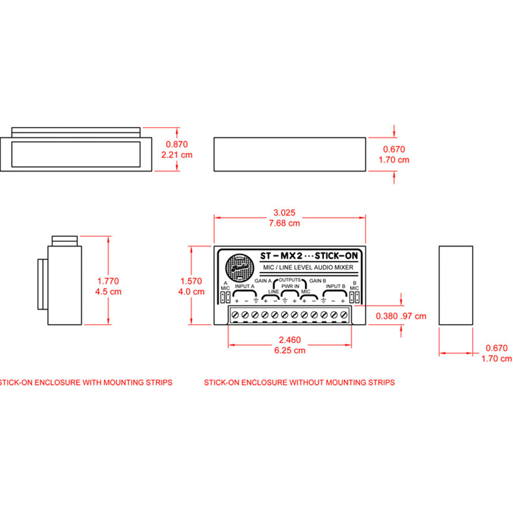 RDL ST-MX2 Channel Microphone and Line Level Mini Audio Mixer - Stick-On Design