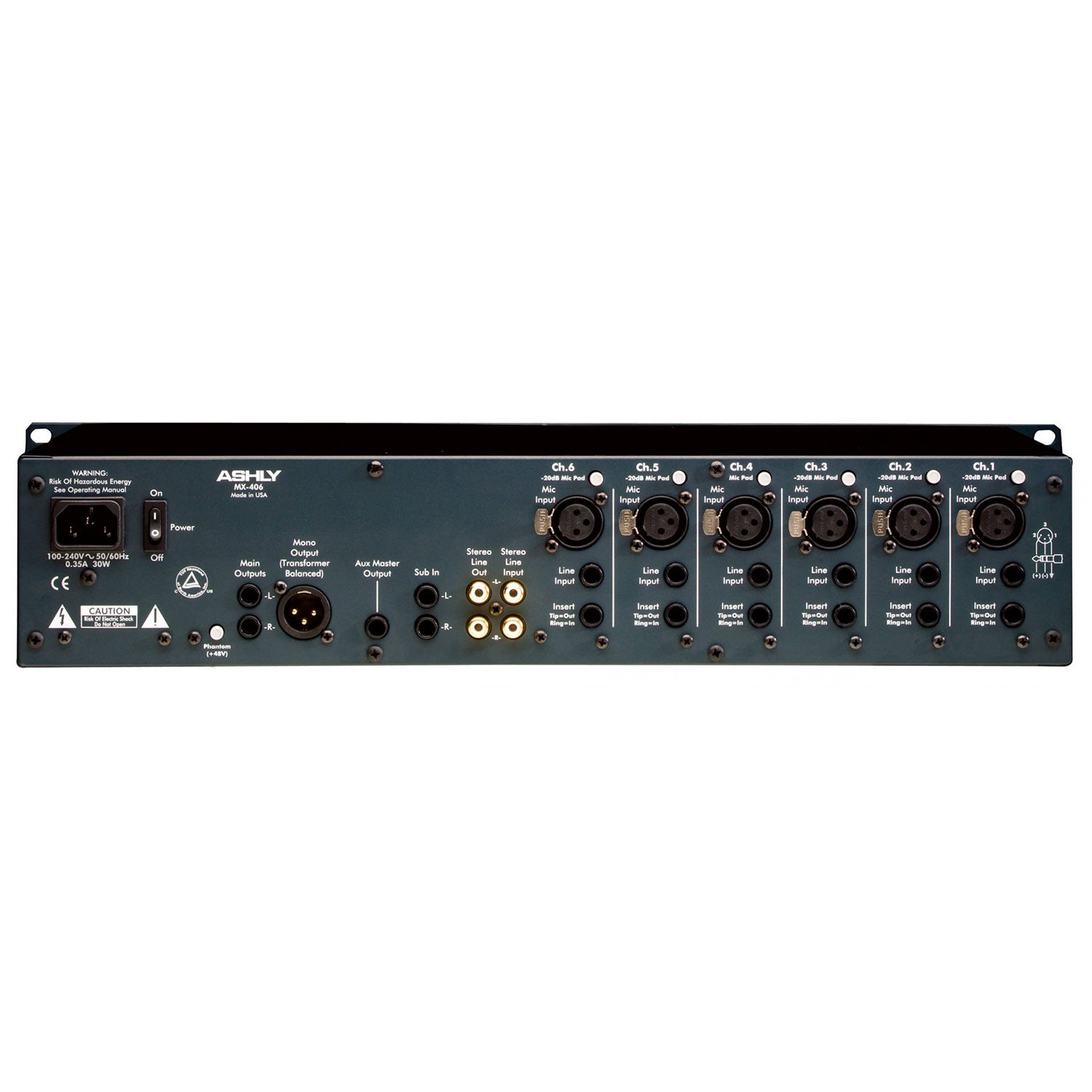 Ashly MX-406 Six Channel Stereo Line and Microphone Mixer with Pad and Phantom Power - Rackmount