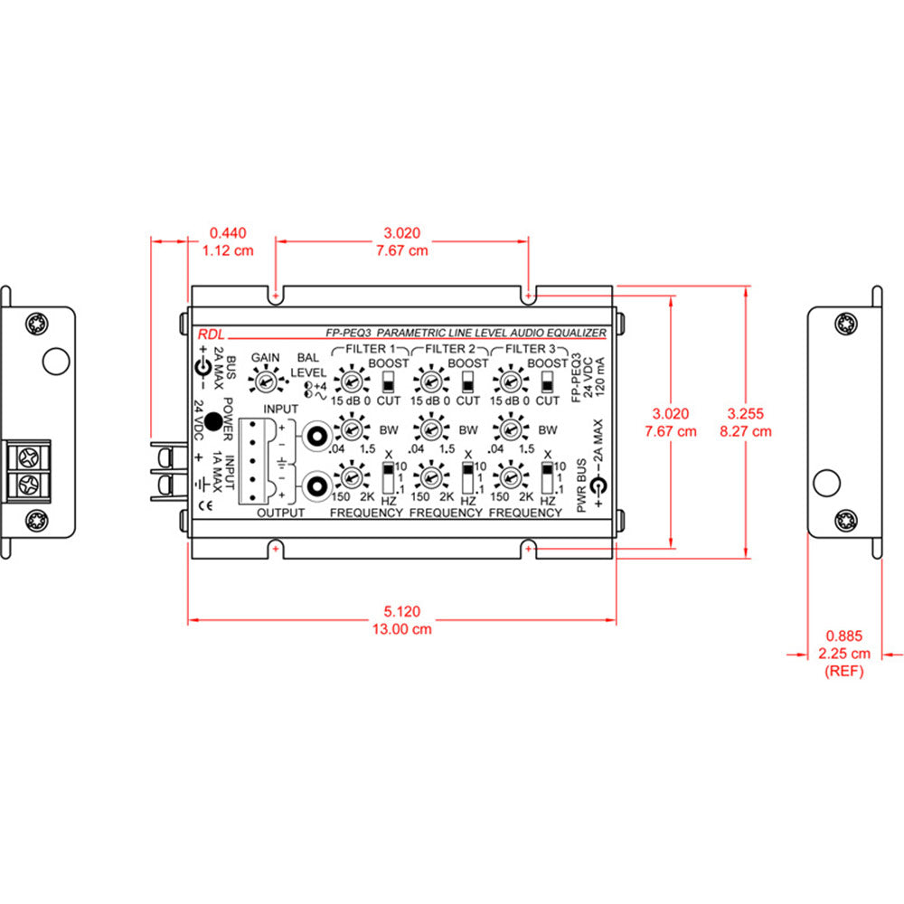 RDL FP-PEQ3 3 Band Parametric Equalizer - Terminals/Phono Jacks