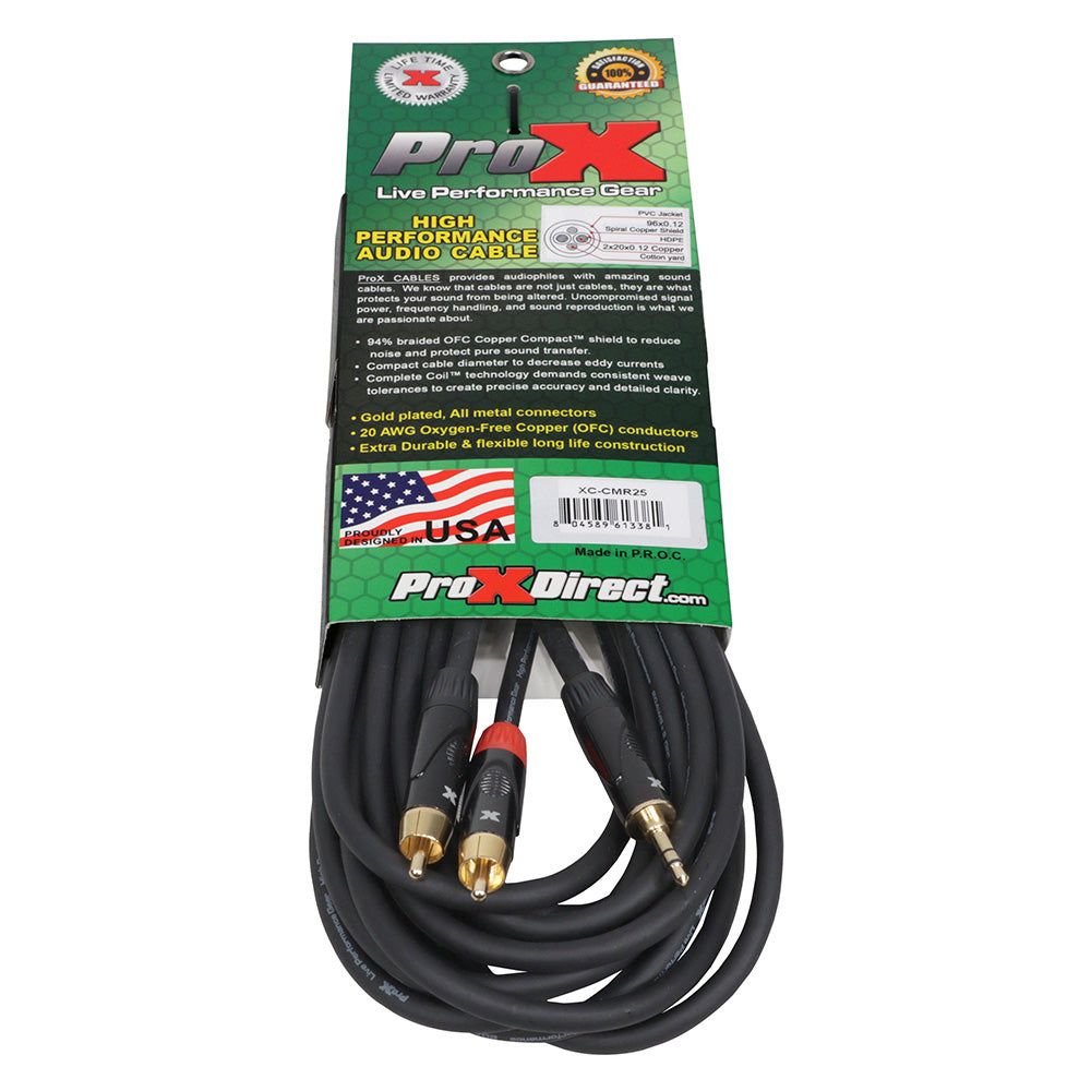 ProX XC-CMR25 25Õ Ft High Performance 3.5mm 1/8Ó Mini TRS to Dual RCA-M Unbalanced Y-Cable