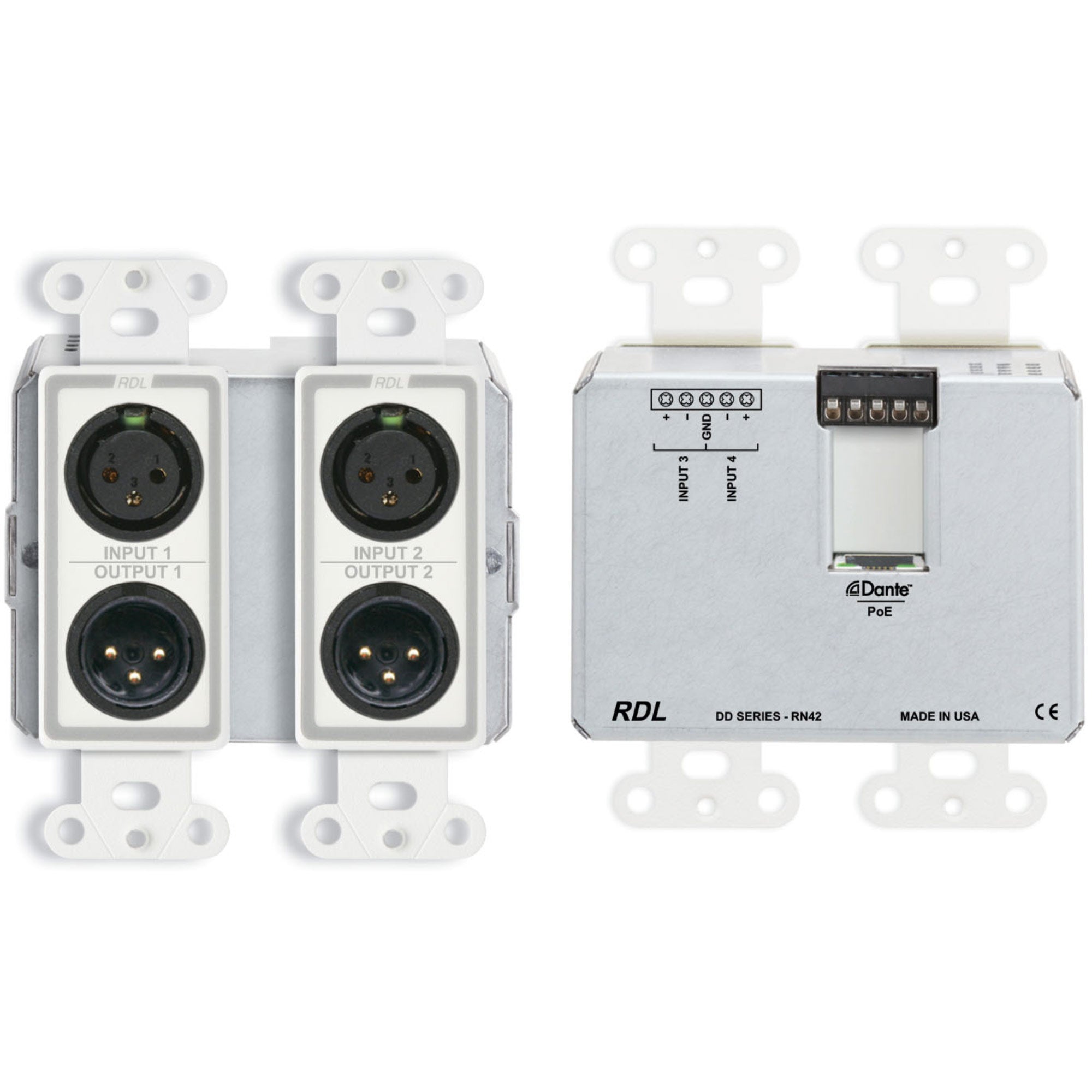 RDL DD-RN42 Wall-Mounted Bi-Directional Mic/Line Dante Interface 4 x 2