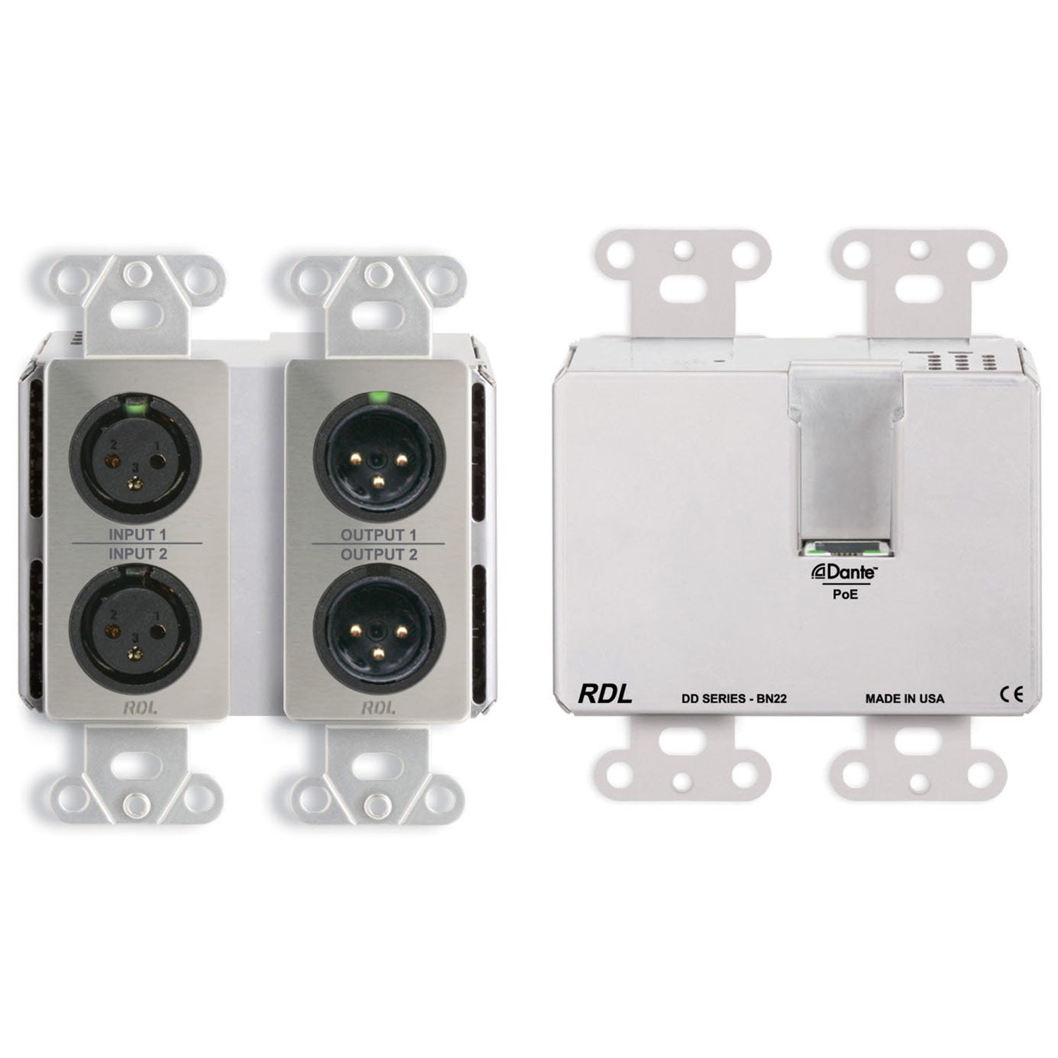 RDL DDS-BN22 Wall Mount 2-In 2-Out Mic/Line to Dante Interface (Silver)