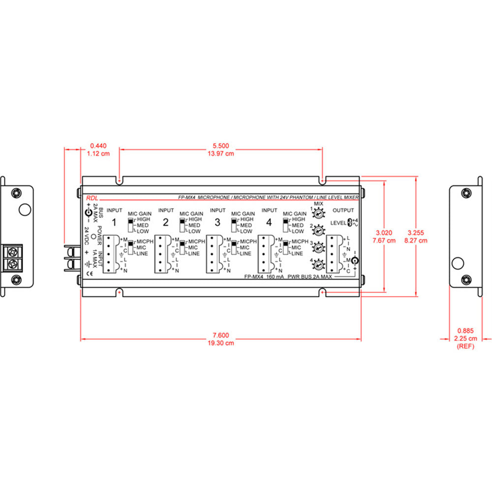 RDL FP-MX4 4 Mic or Line Input Mixer - Mic and Line Out