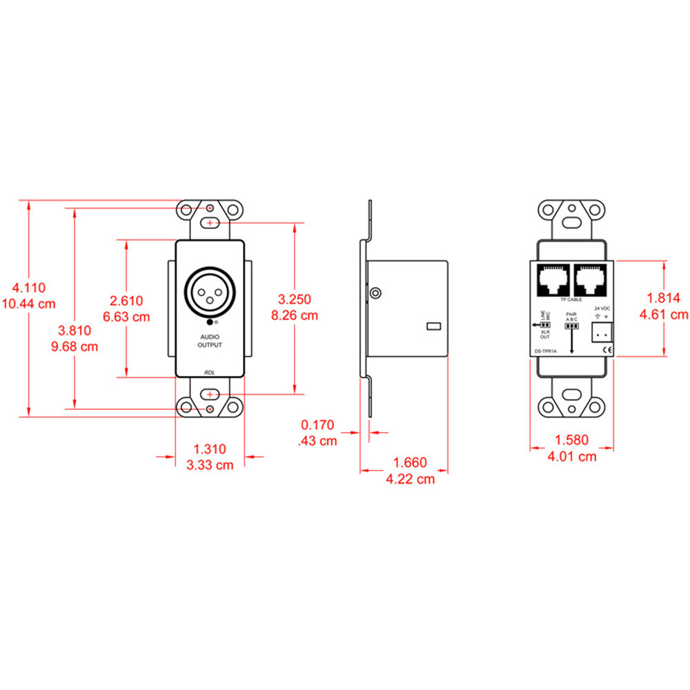 RDL DS-TPR1A Active 1Pair Receiver, Format-A, Steel, XLR mic/line output - Custom Engraving Option