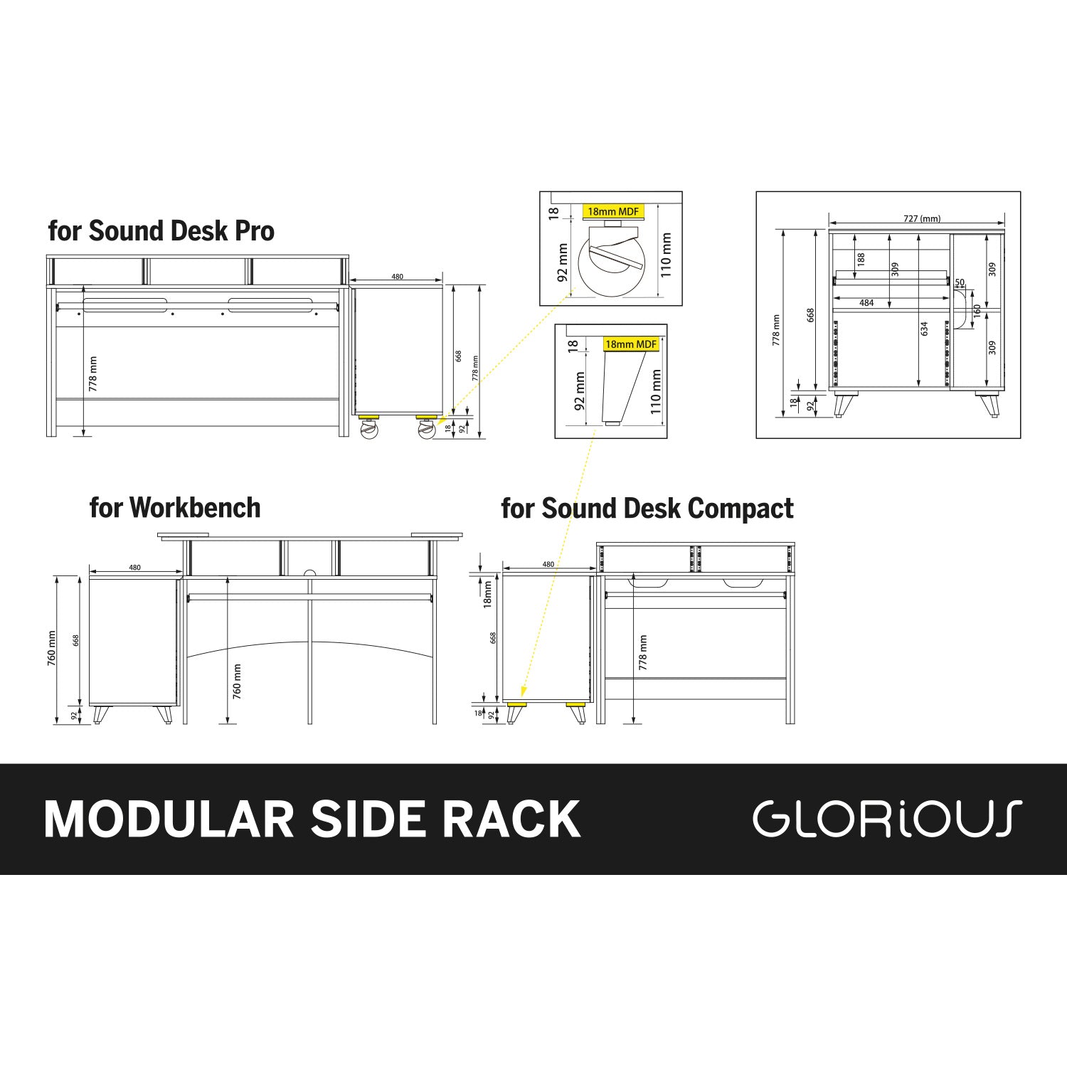Glorious Modular Side Rack - Extension for Sound Desk or Workbench Workstations (Walnut)