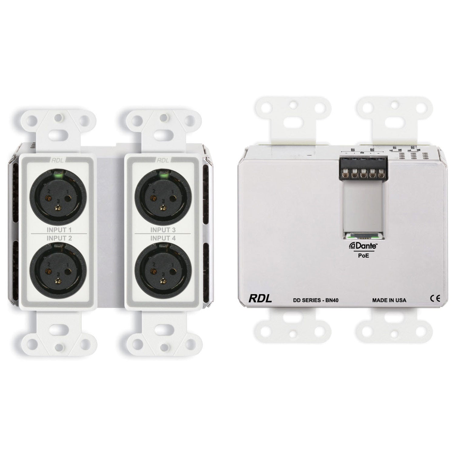RDL DD-BN40 Wall Mount 4-In 4-Out Mic/Line to Dante Interface (White)